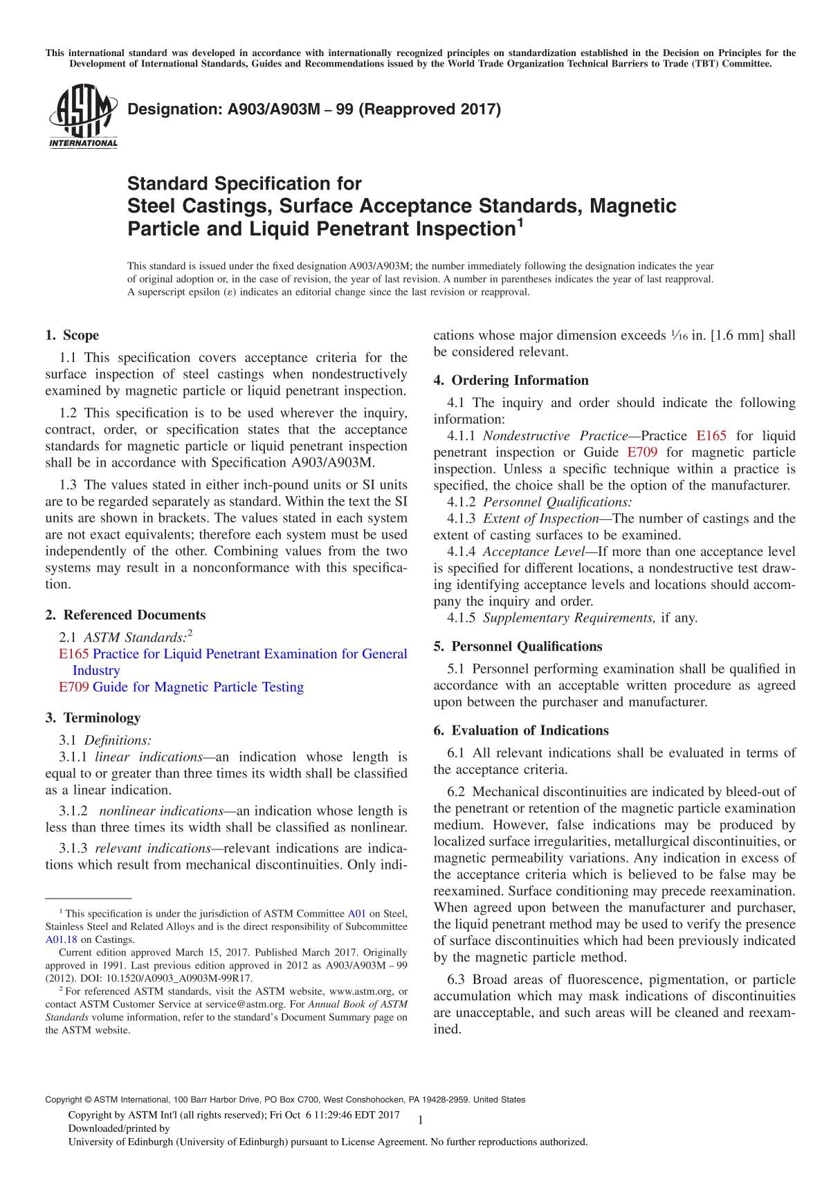 ASTM A903 A903M-99(2017) Standard Specification for Steel Castings, Surface Acceptance Standards, Magnetic Particle and Liquid P