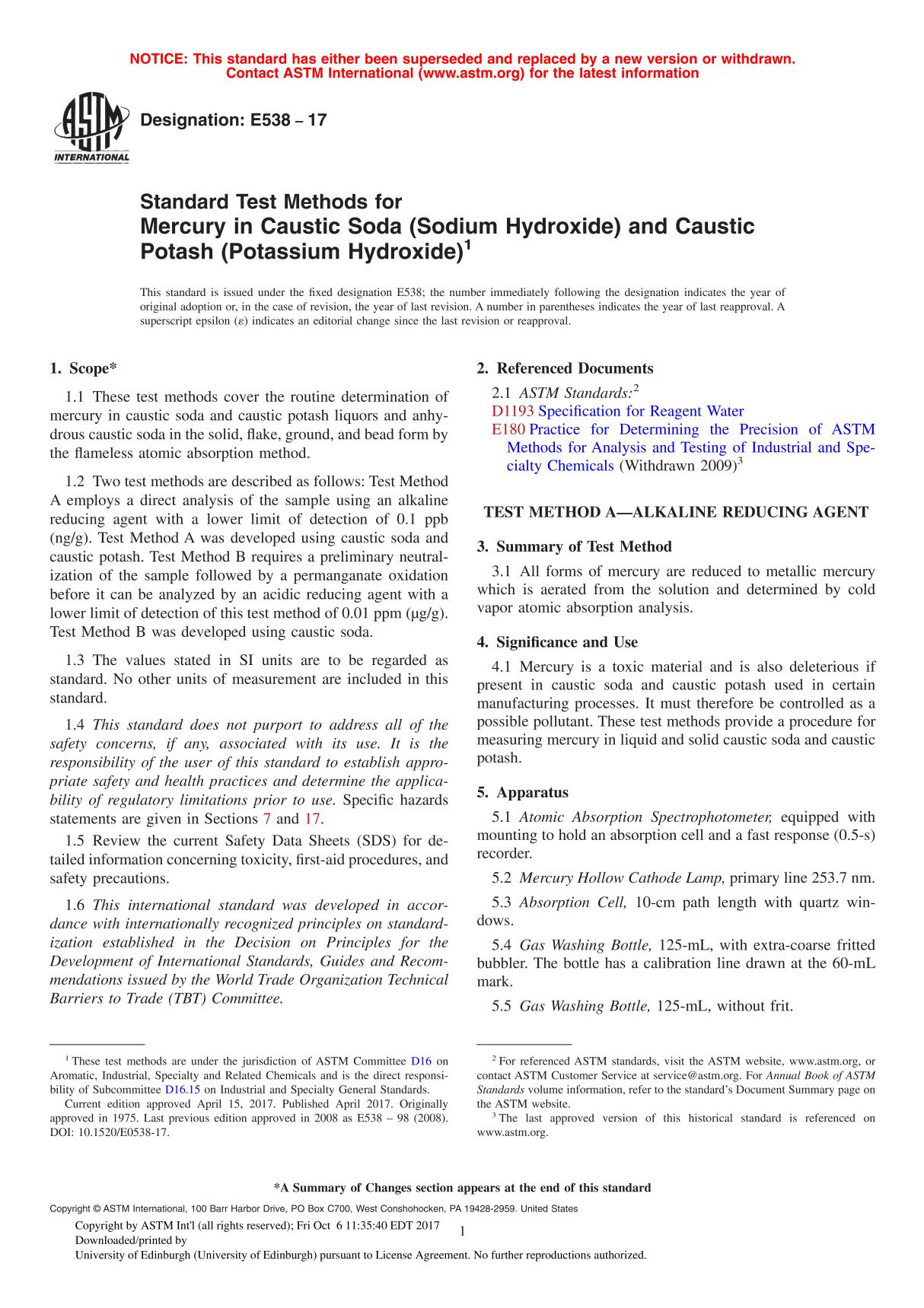 ASTM E538 - 17 Standard Test Methods for Mercury in Caustic Soda (Sodium Hydroxide) and Caustic Potash (Potassium Hydroxide)