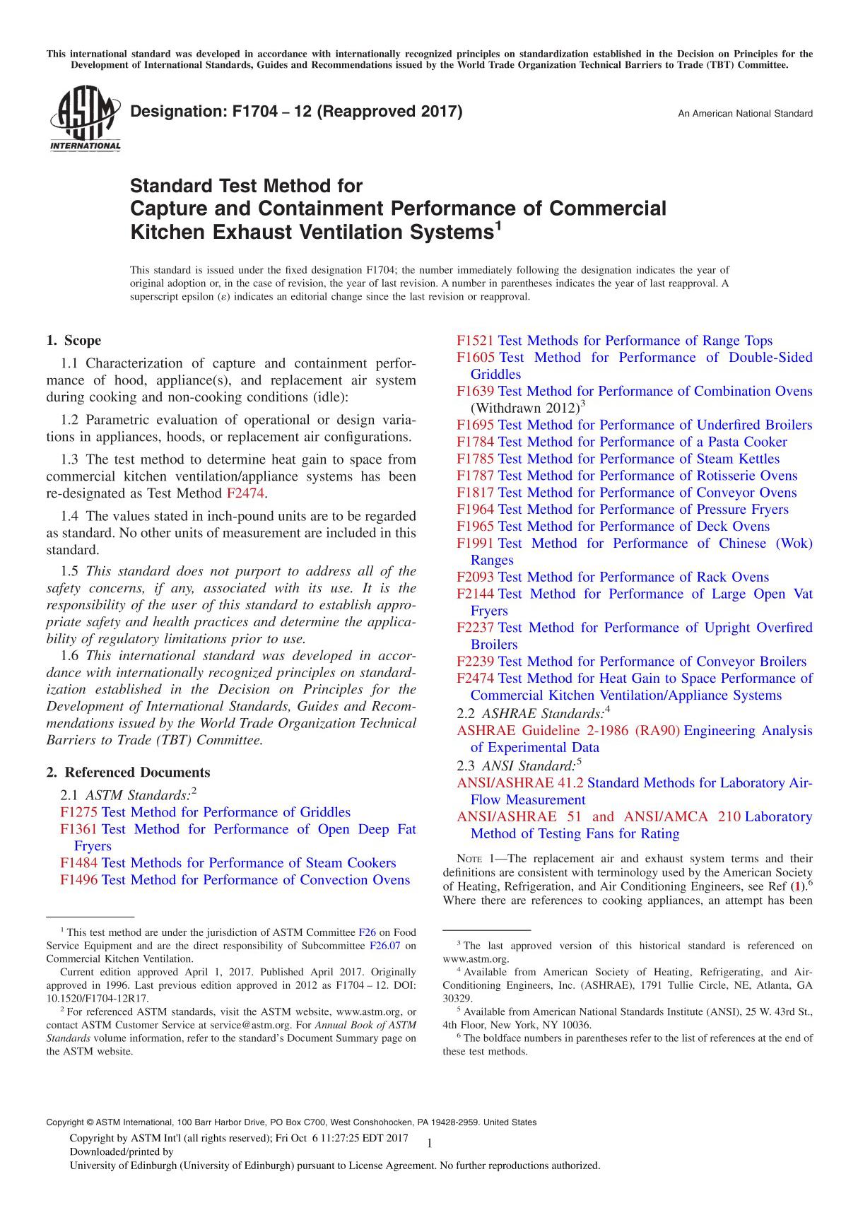 ASTM F1704-12(2017) Standard Test Method for Capture and Containment Performance of Commercial Kitchen Exhaust Ventilation Syste