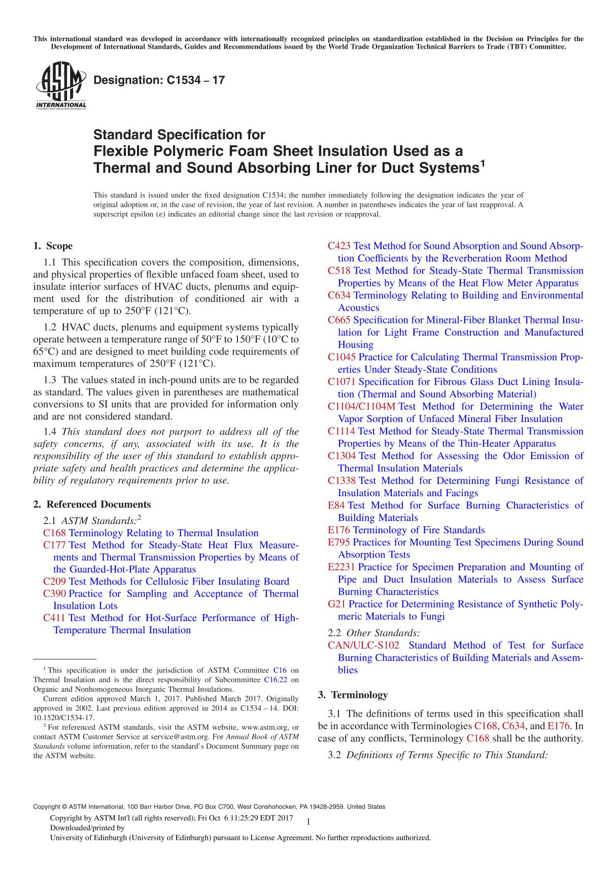 ASTM C1534-17 Standard Specification for Flexible Polymeric Foam Sheet Insulation Used as a Thermal and Sound Absorbing Liner fo