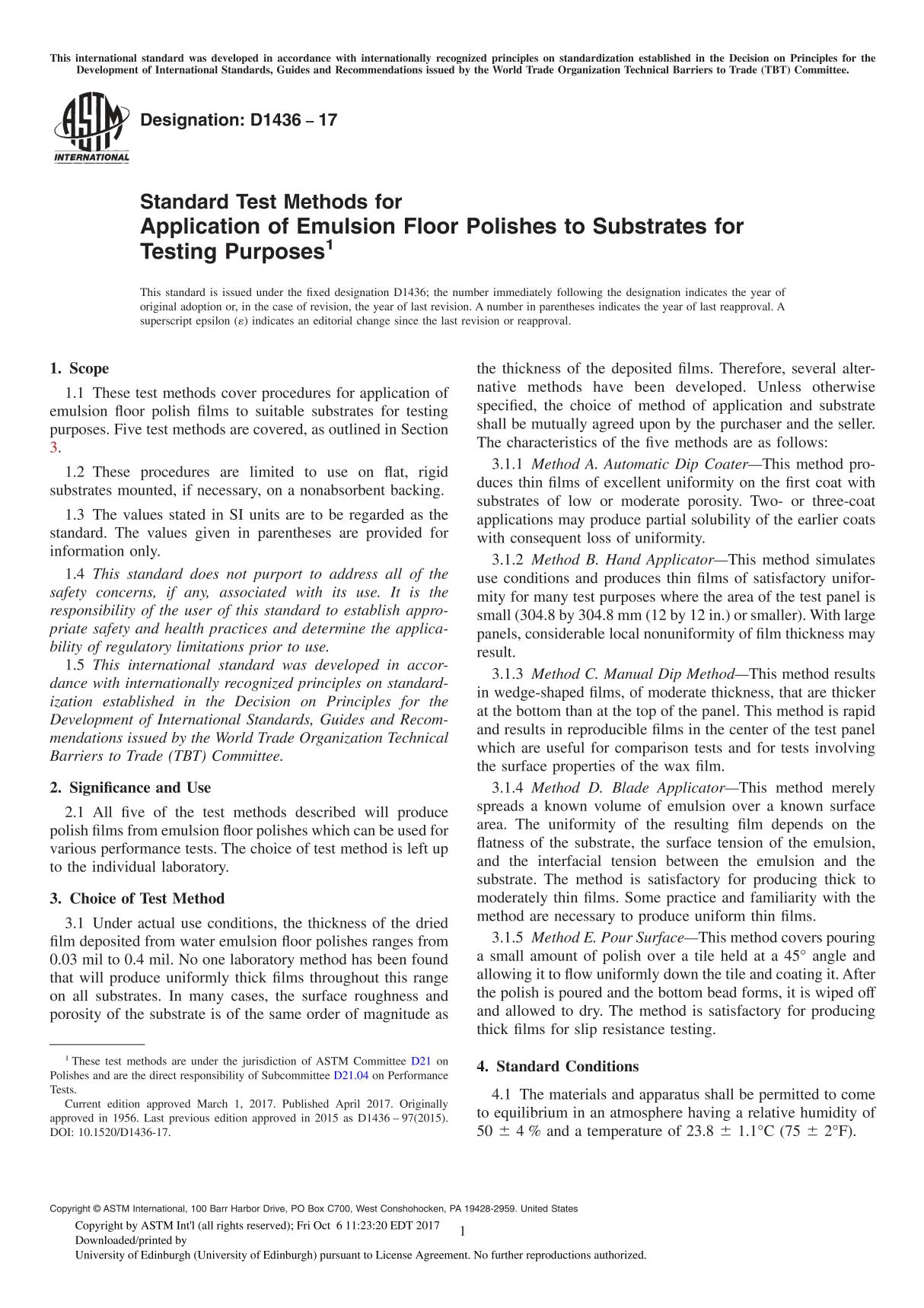 ASTM D1436-17 Standard Test Methods for Application of Emulsion Floor Polishes to Substrates for Testing Purpose