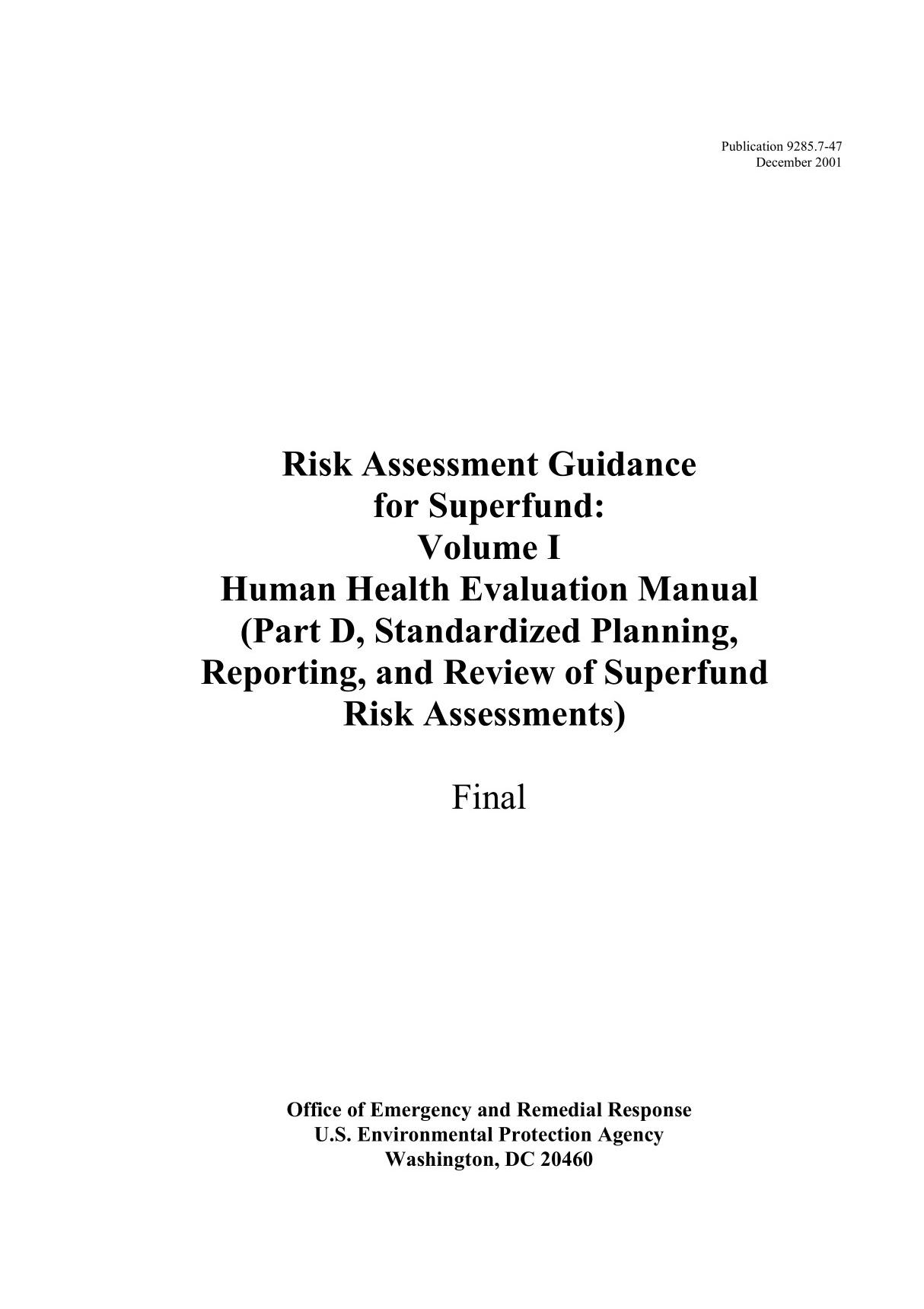 Risk Assessment Guidance for Superfund (RAGS) Part D