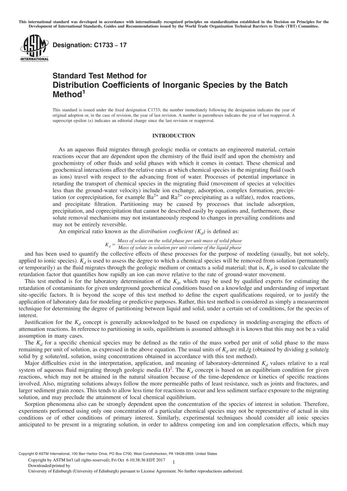 ASTM C1733-17 Standard Test Method for Distribution Coefficients of Inorganic Species by the Batch Method