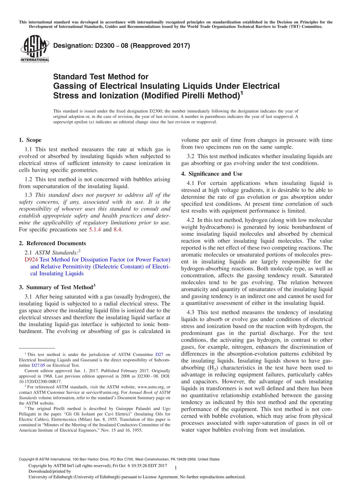 ASTM D2300-08(2017) Standard Test Method for Gassing of Electrical Insulating Liquids Under Electrical Stress and Ionization (Mo