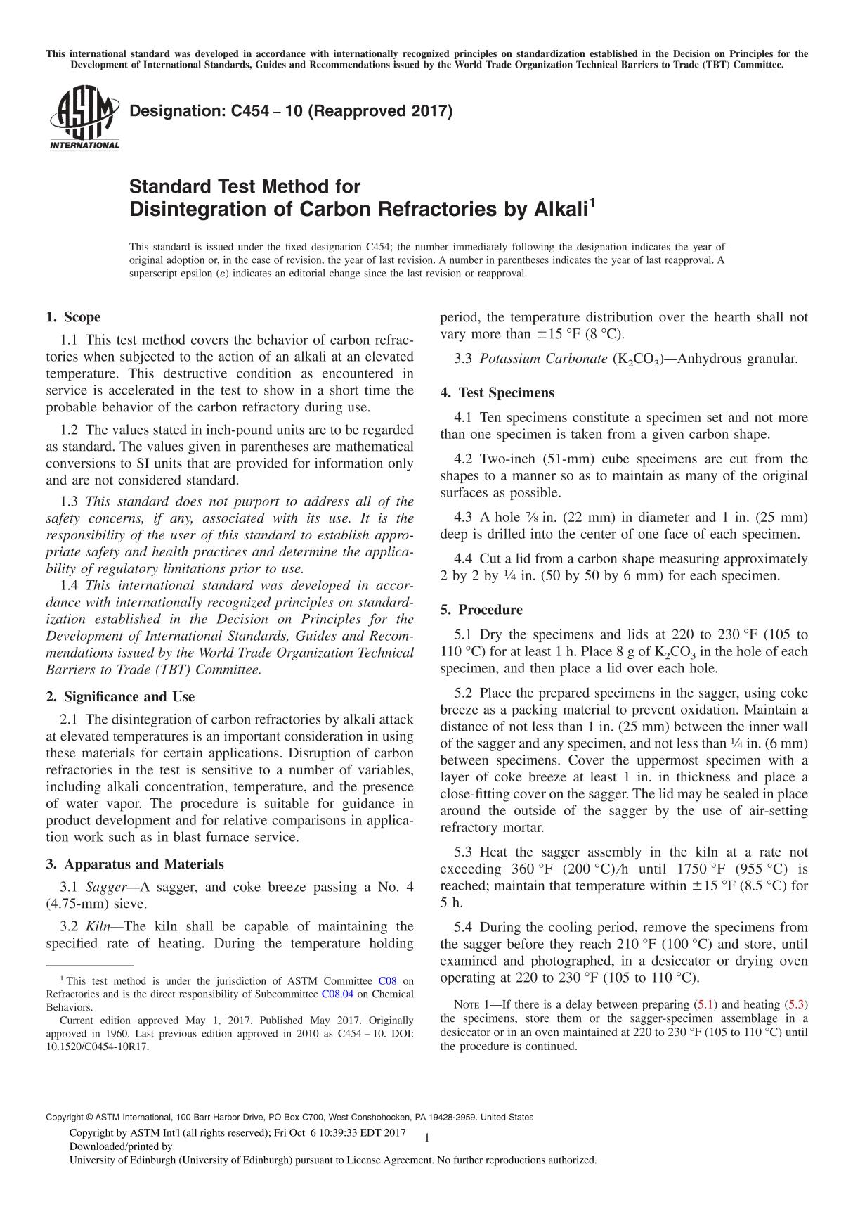 ASTM C454-10(2017) Standard Test Method for Disintegration of Carbon Refractories by Alkali