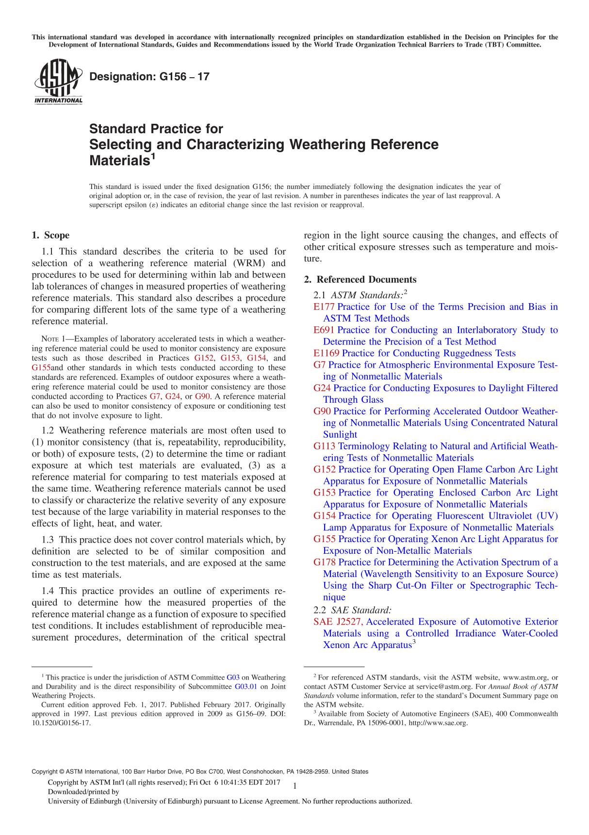 ASTM G156-17 Standard Practice for Selecting and Characterizing Weathering Reference Material