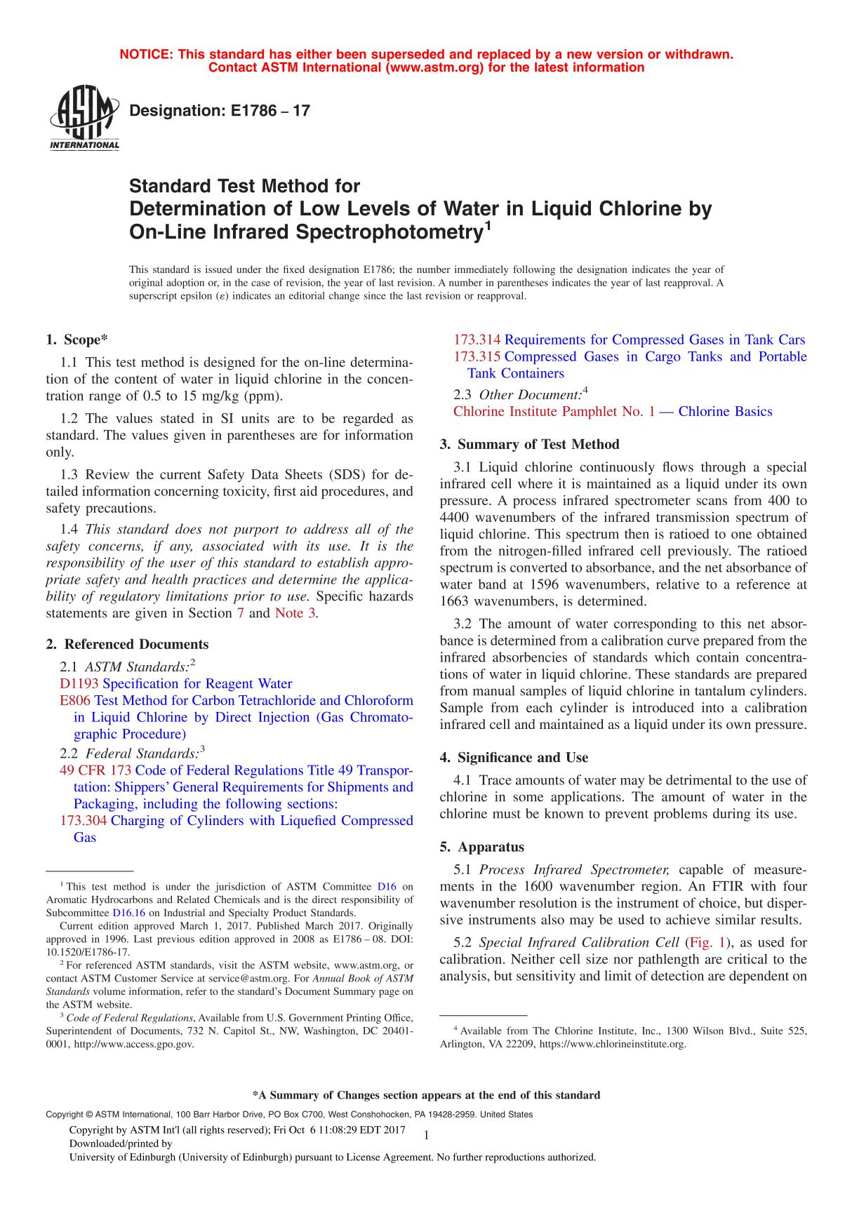 ASTM E1786 - 17 Standard Test Method for Determination of Low Levels of Water in Liquid Chlorine by On-Line Infrared Spectrophot