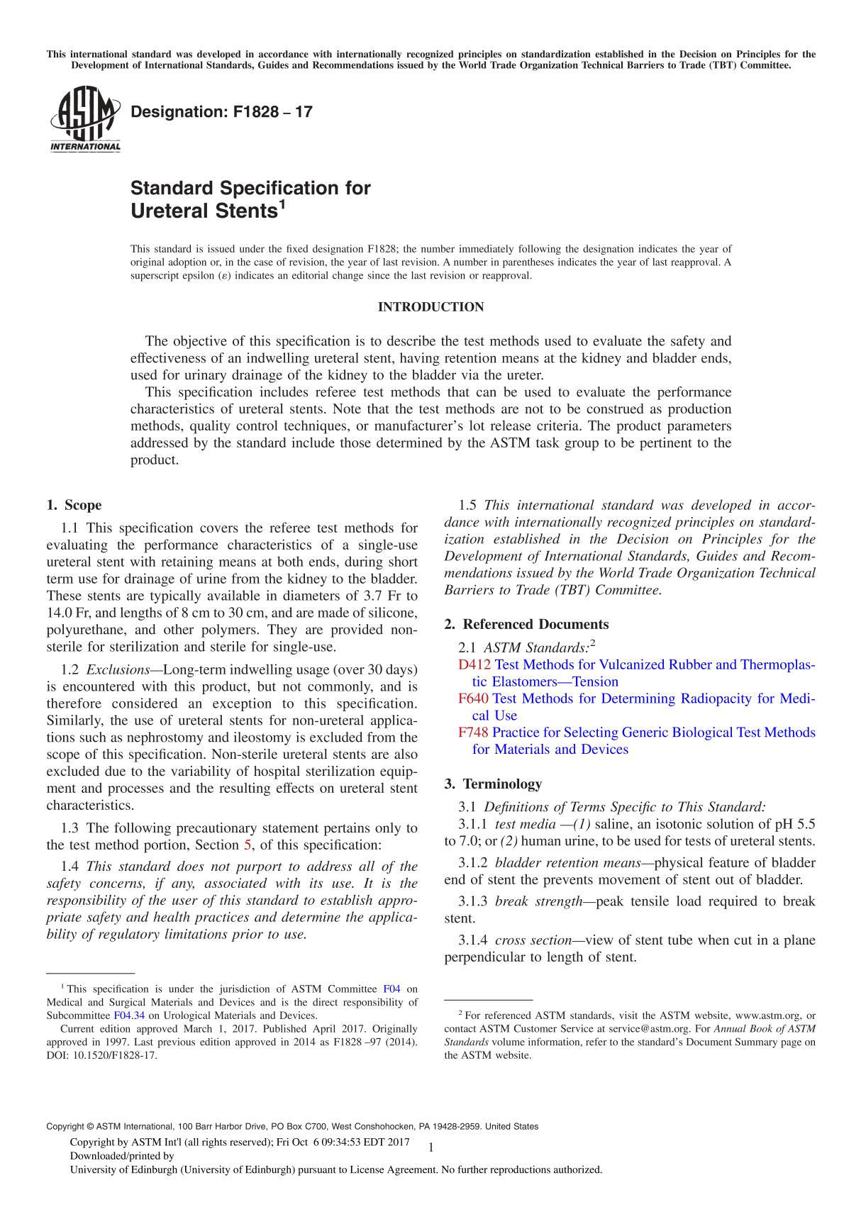 ASTM F1828-17 Standard Specification for Ureteral Stent