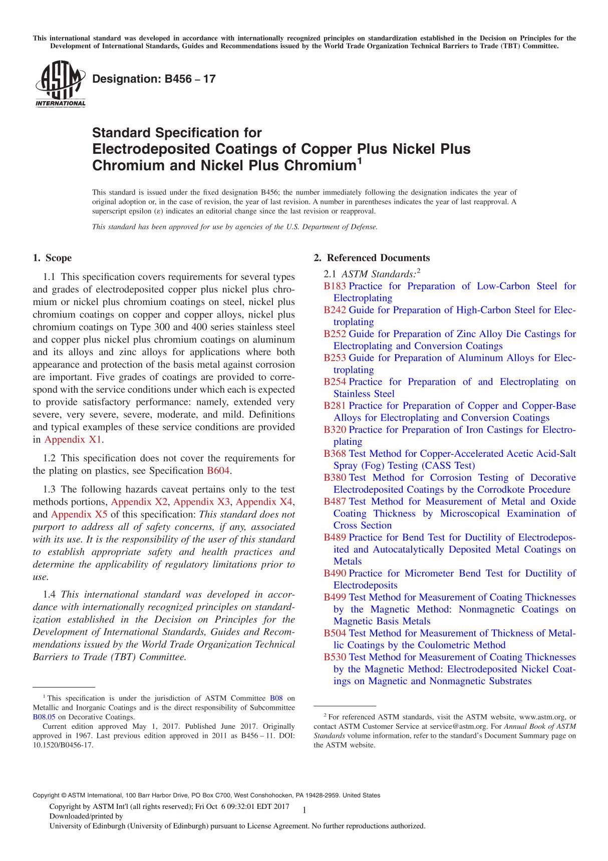 ASTM B456-17 Standard Specification for Electrodeposited Coatings of Copper Plus Nickel Plus Chromium and Nickel Plus Chromium