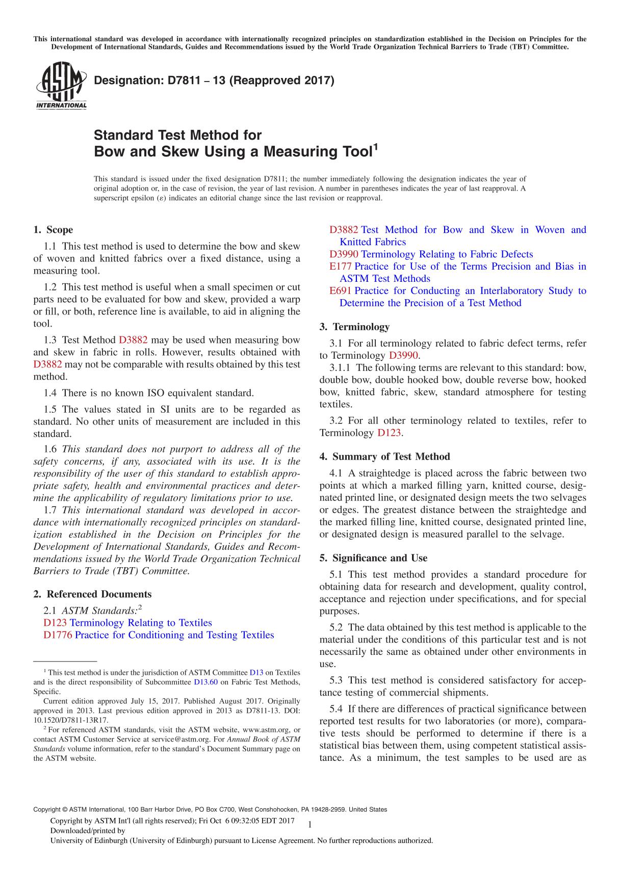 ASTM D7811-13(2017) Standard Test Method for Bow and Skew Using a Measuring Tool