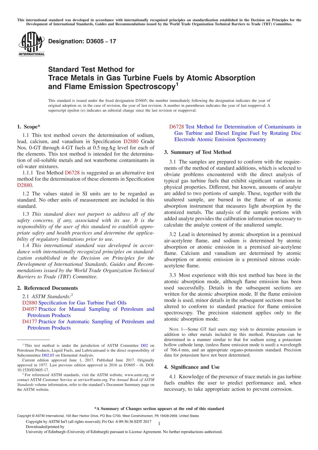 ASTM D3605-17 Standard Test Method for Trace Metals in Gas Turbine Fuels by Atomic Absorption and Flame Emission Spectroscopy