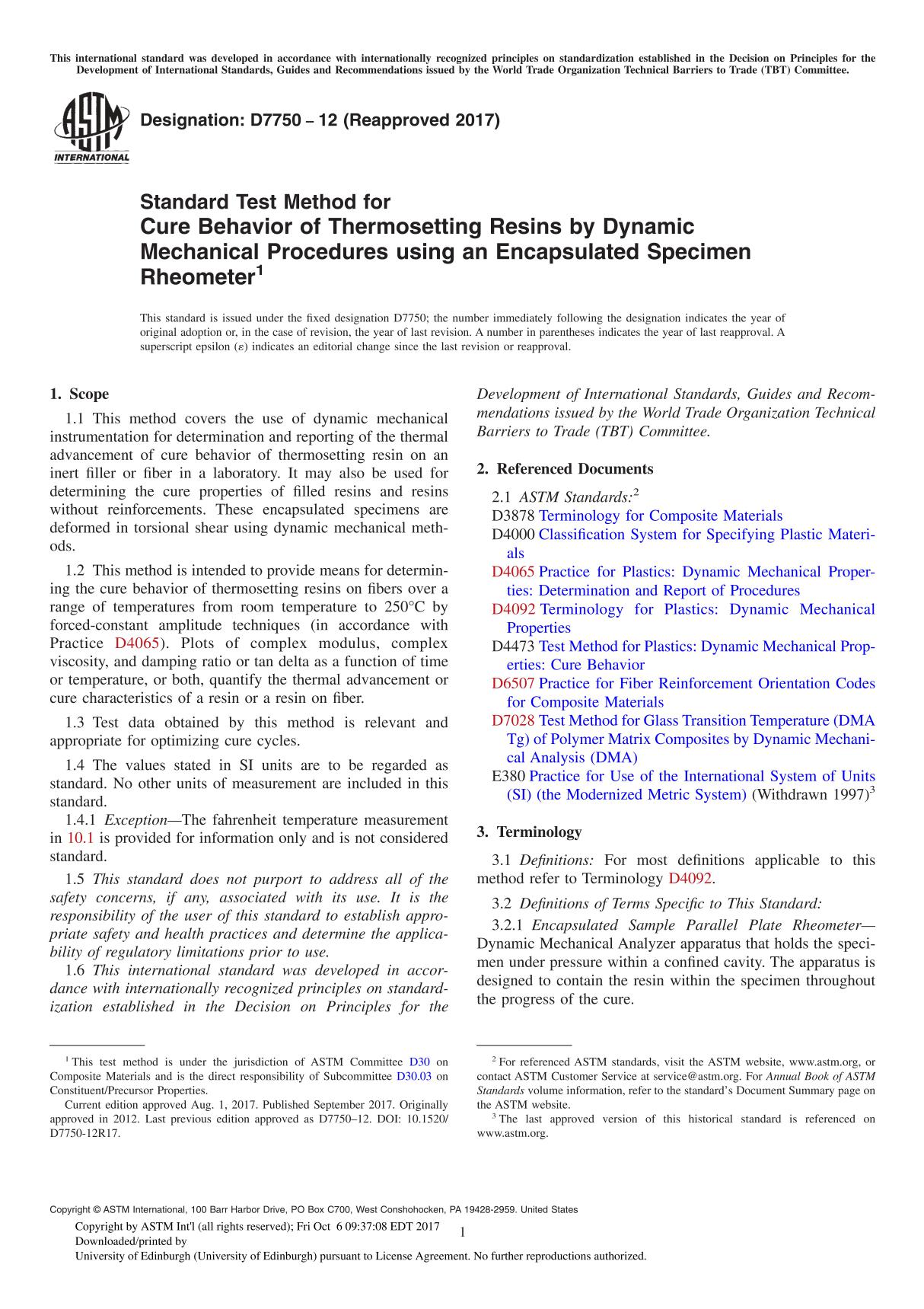 ASTM D7750-12(2017) Standard Test Method for Cure Behavior of Thermosetting Resins by Dynamic Mechanical Procedures using an Enc