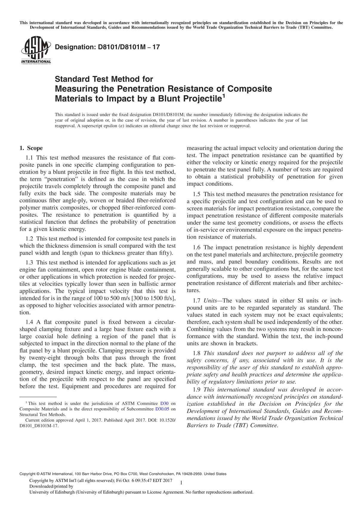 ASTM D8101 D8101M-17 Standard Test Method for Measuring the Penetration Resistance of Composite Materials to Impact by a Blunt P