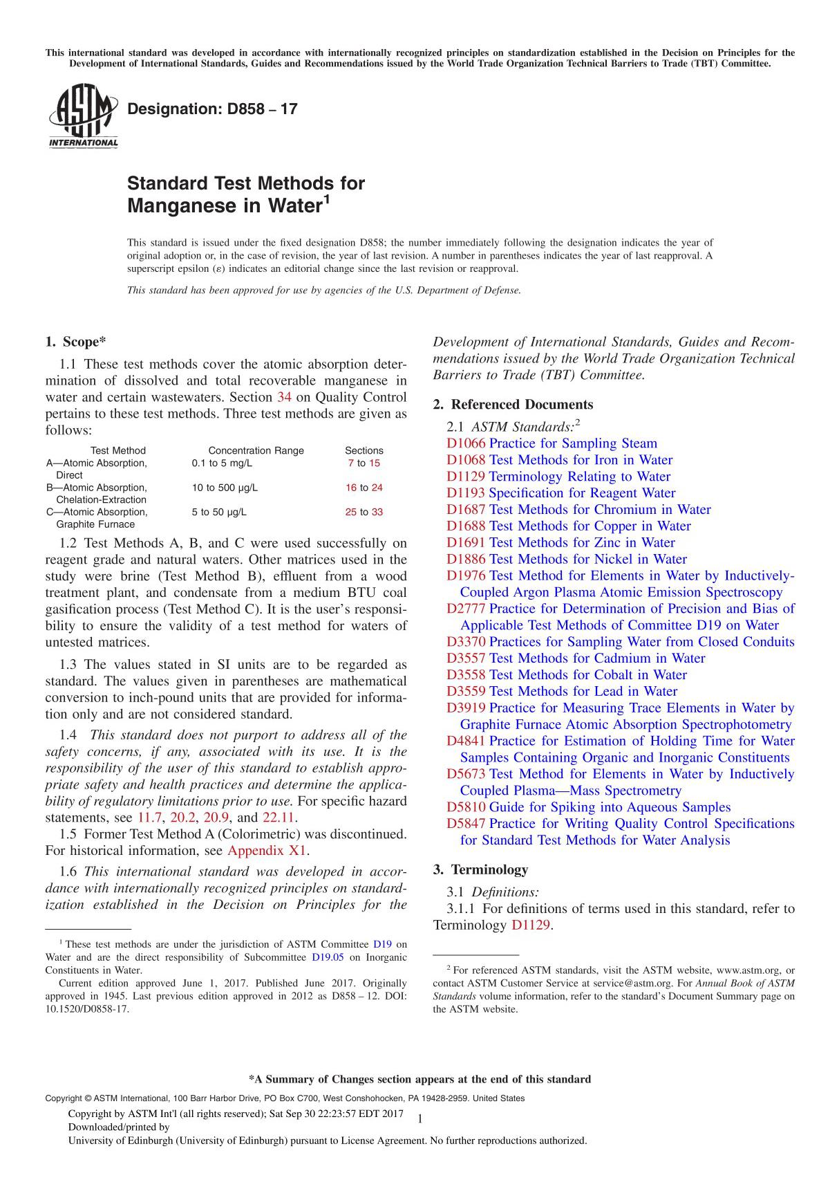 ASTM D858-17 Standard Test Methods for Manganese in Water