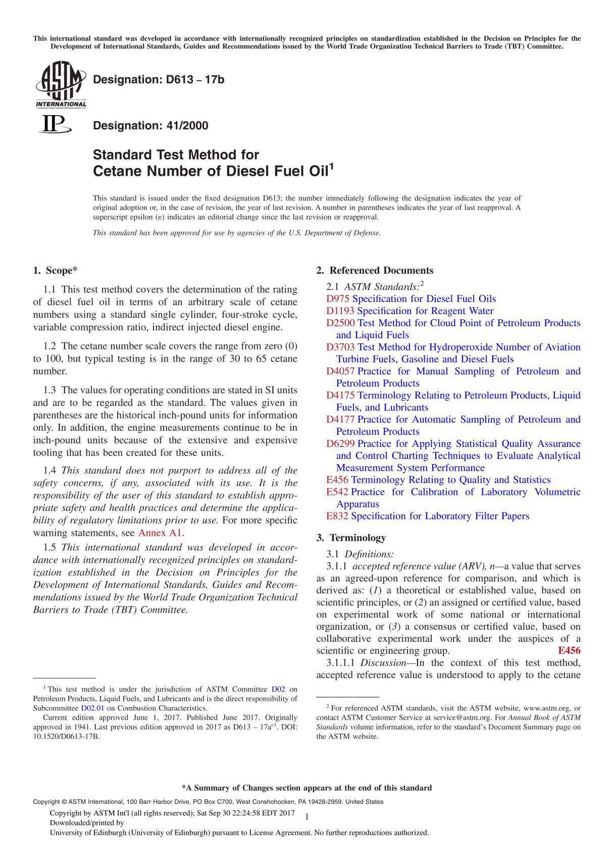 ASTM D613-17b Standard Test Method for Cetane Number of Diesel Fuel Oil