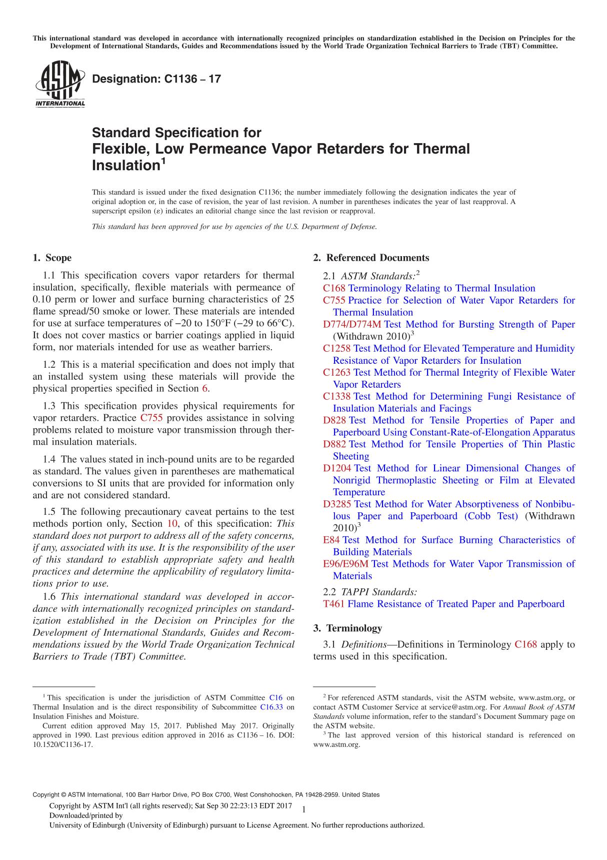 ASTM C1136-17 Standard Specification for Flexible, Low Permeance Vapor Retarders for Thermal Insulation