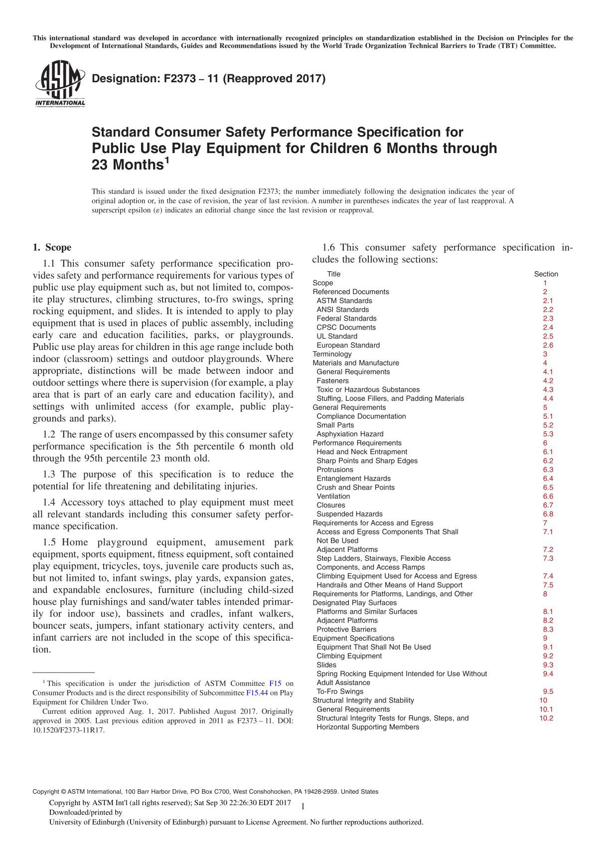 ASTM F2373-11(2017) Standard Consumer Safety Performance Specification for Public Use Play Equipment for Children 6 Months throu