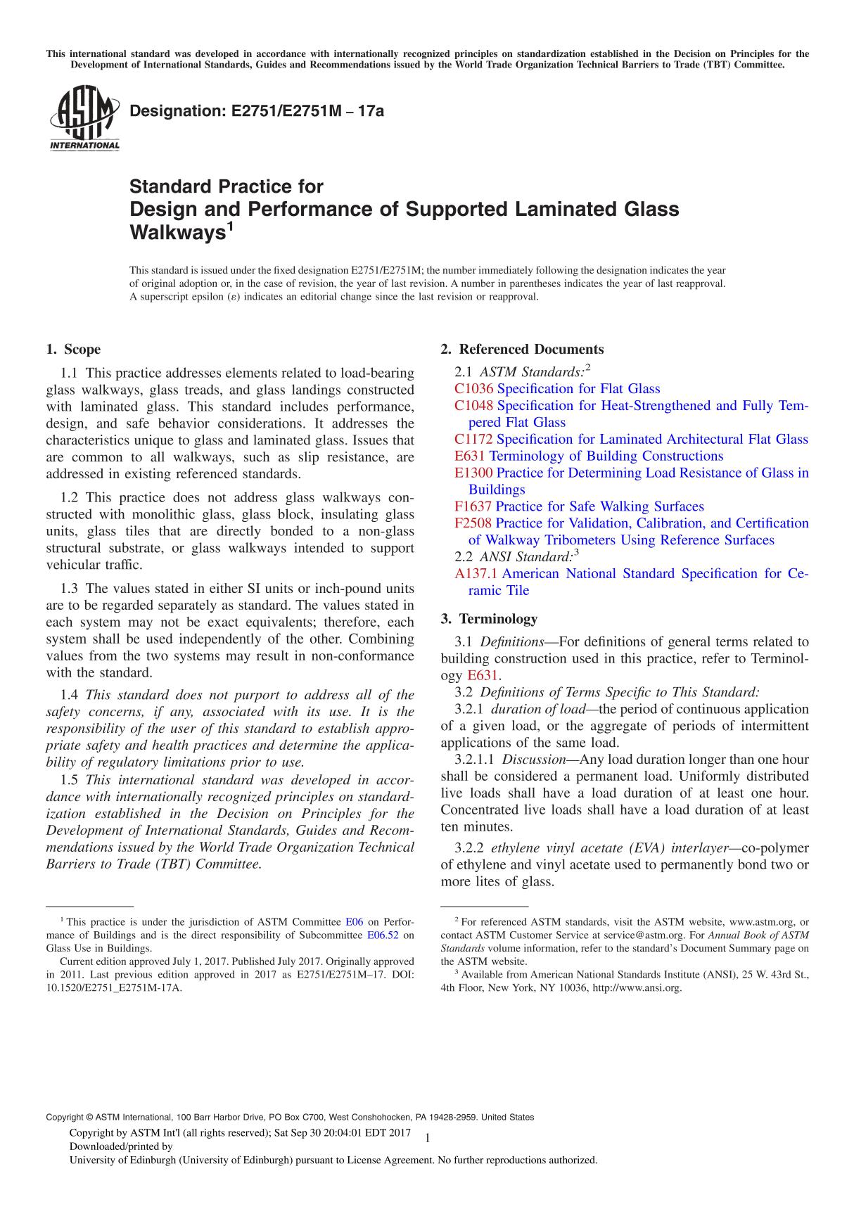 ASTM E2751 E2751M-17a Standard Practice for Design and Performance of Supported Laminated Glass Walkway