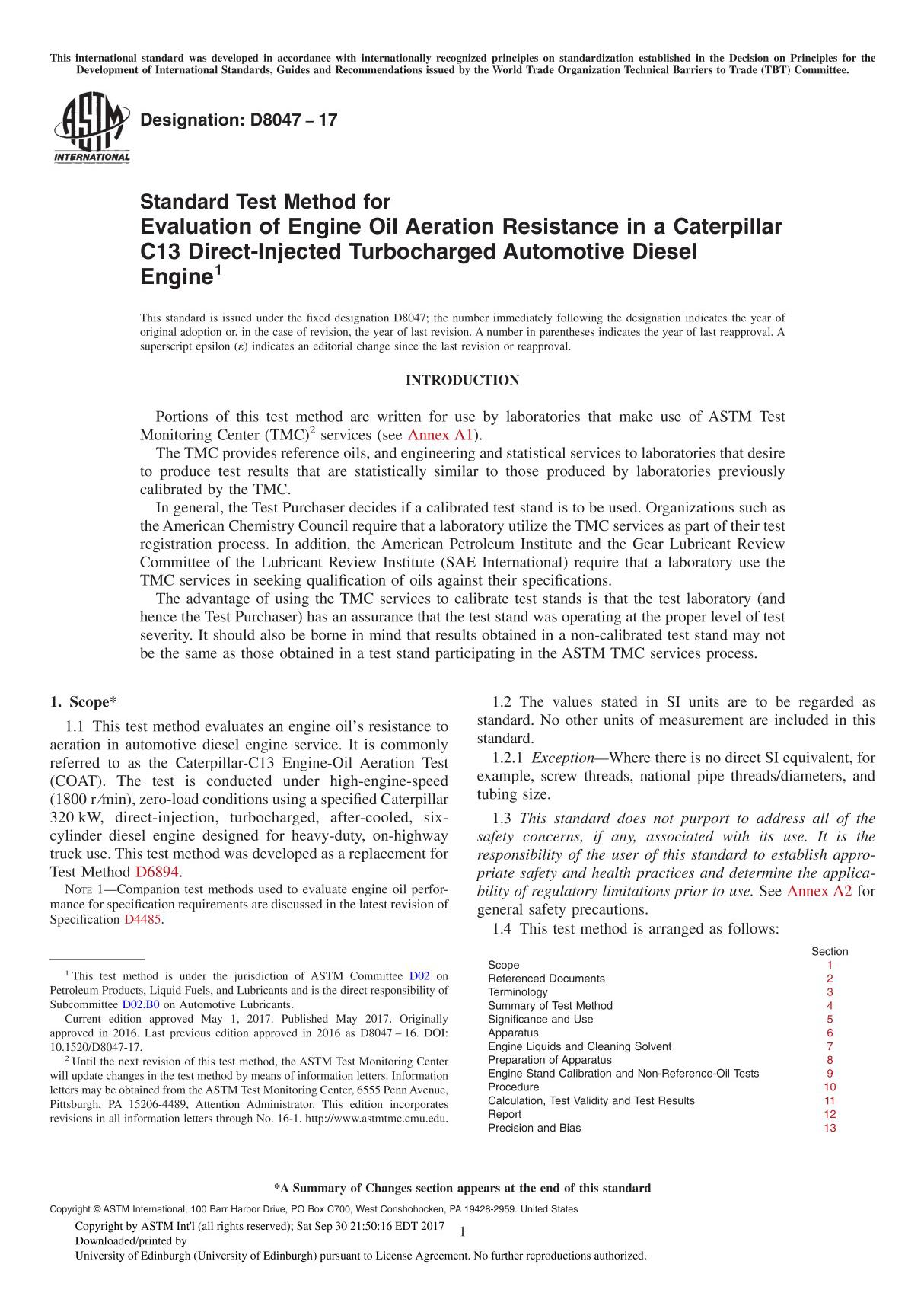 ASTM D8047-17 Standard Test Method for Evaluation of Engine Oil Aeration Resistance in a Caterpillar C13 Direct-Injected Turboch