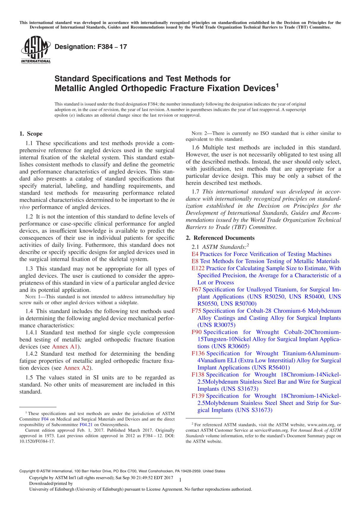 ASTM F384-17 Standard Specifications and Test Methods for Metallic Angled Orthopedic Fracture Fixation Device