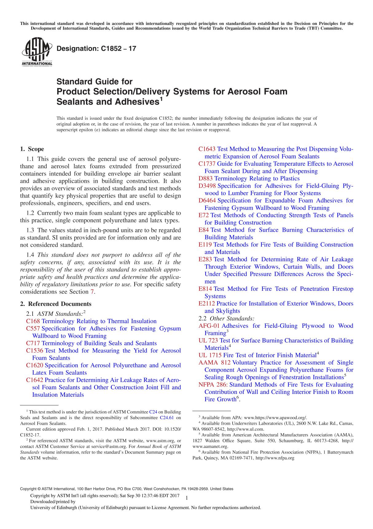 ASTM C1852-17 Standard Guide for Product SelectionDelivery Systems for Aerosol Foam Sealants and Adhesive