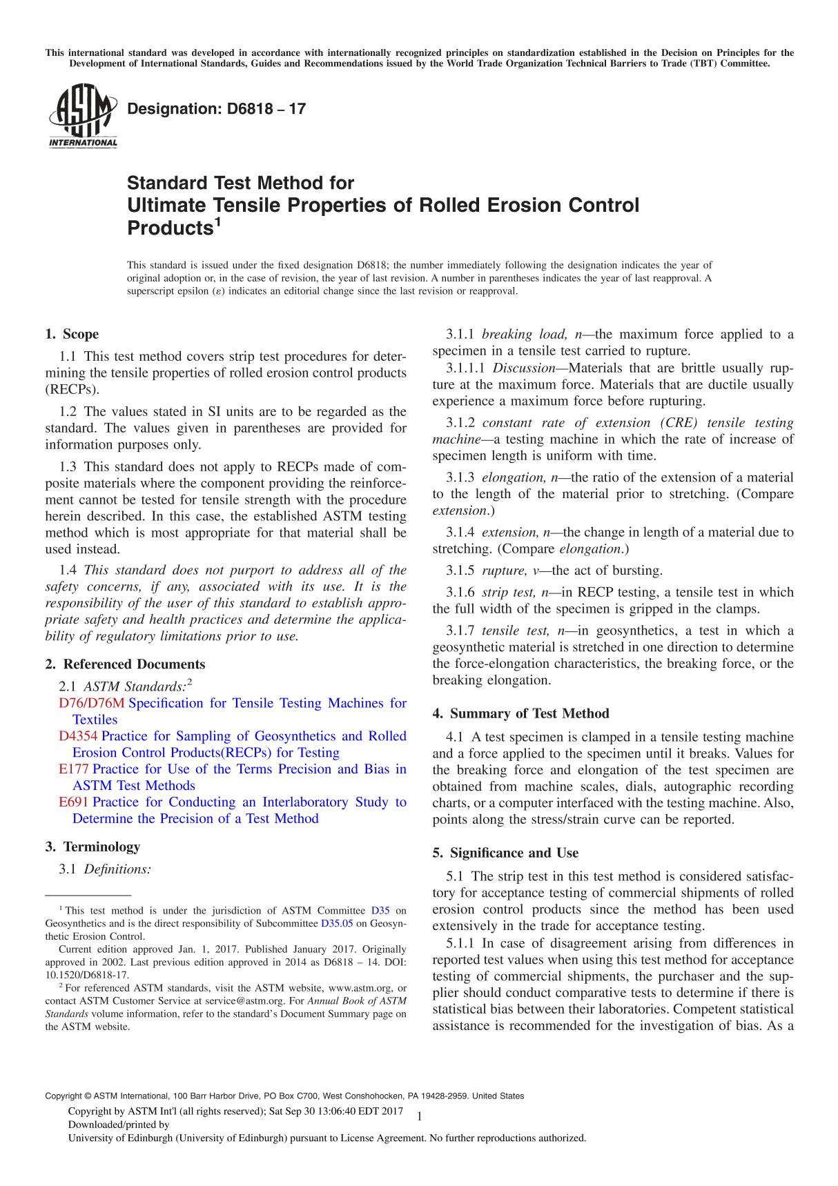 ASTM D6818-17 Standard Test Method for Ultimate Tensile Properties of Rolled Erosion Control Product