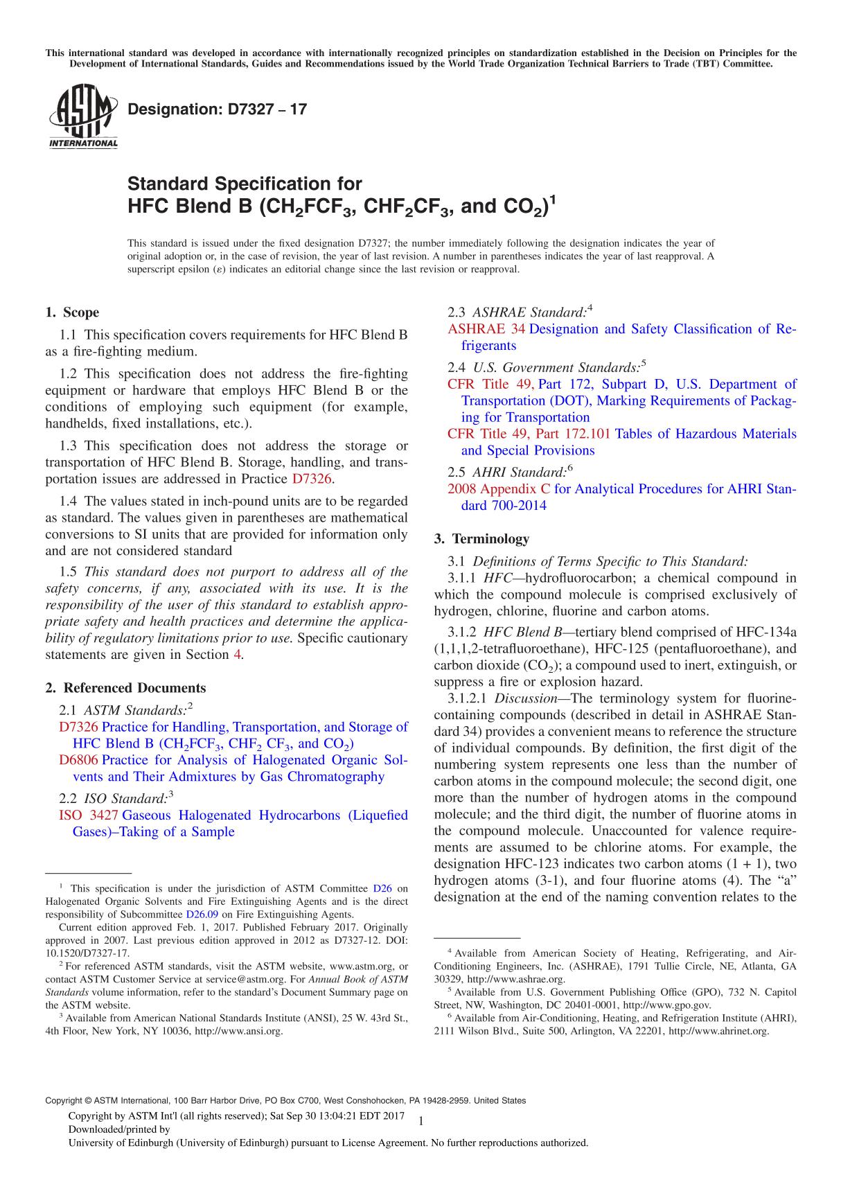 ASTM D7327-17 Standard Specification for HFC Blend B (CH2FCF3, CHF2CF3, and CO2)