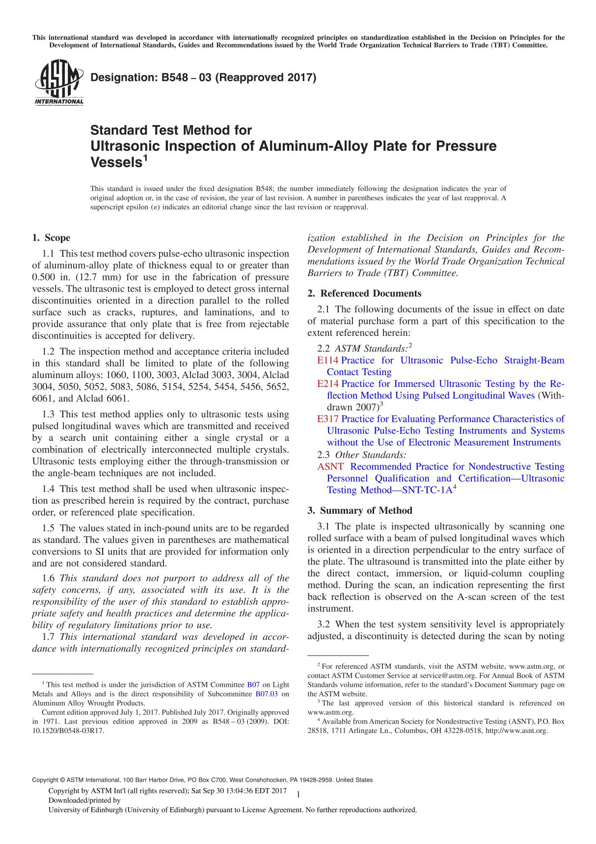 ASTM B548-03(2017) Standard Test Method for Ultrasonic Inspection of Aluminum-Alloy Plate for Pressure Vessel