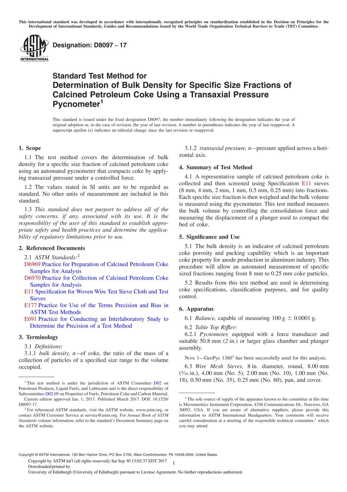 ASTM D8097-17 Standard Test Method for Determination of Bulk Density for Specific Size Fractions of Calcined Petroleum Coke Usin