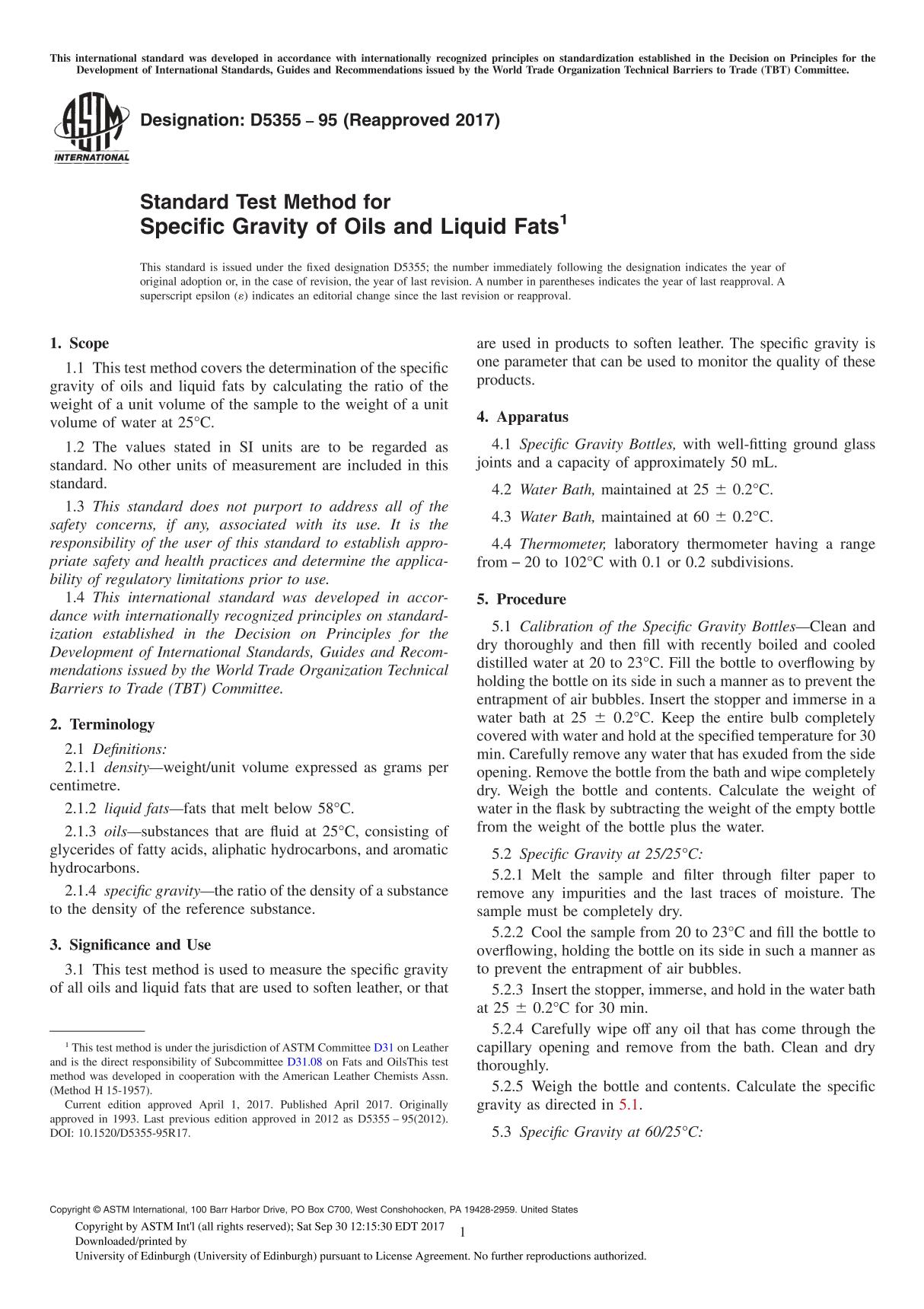 ASTM D5355-95(2017) Standard Test Method for Specific Gravity of Oils and Liquid Fat