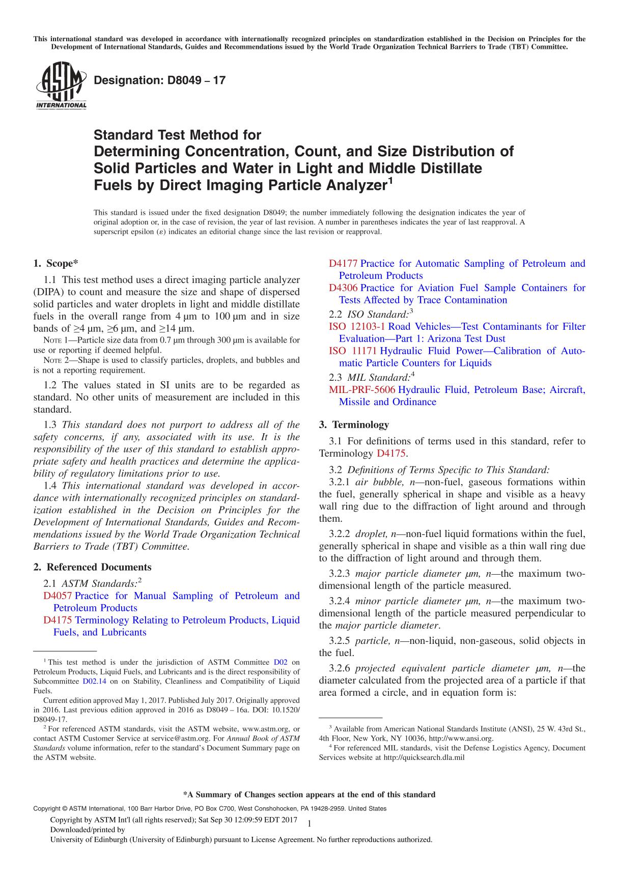 ASTM D8049-17 Standard Test Method for Determining Concentration, Count, and Size Distribution of Solid Particles and Water in L