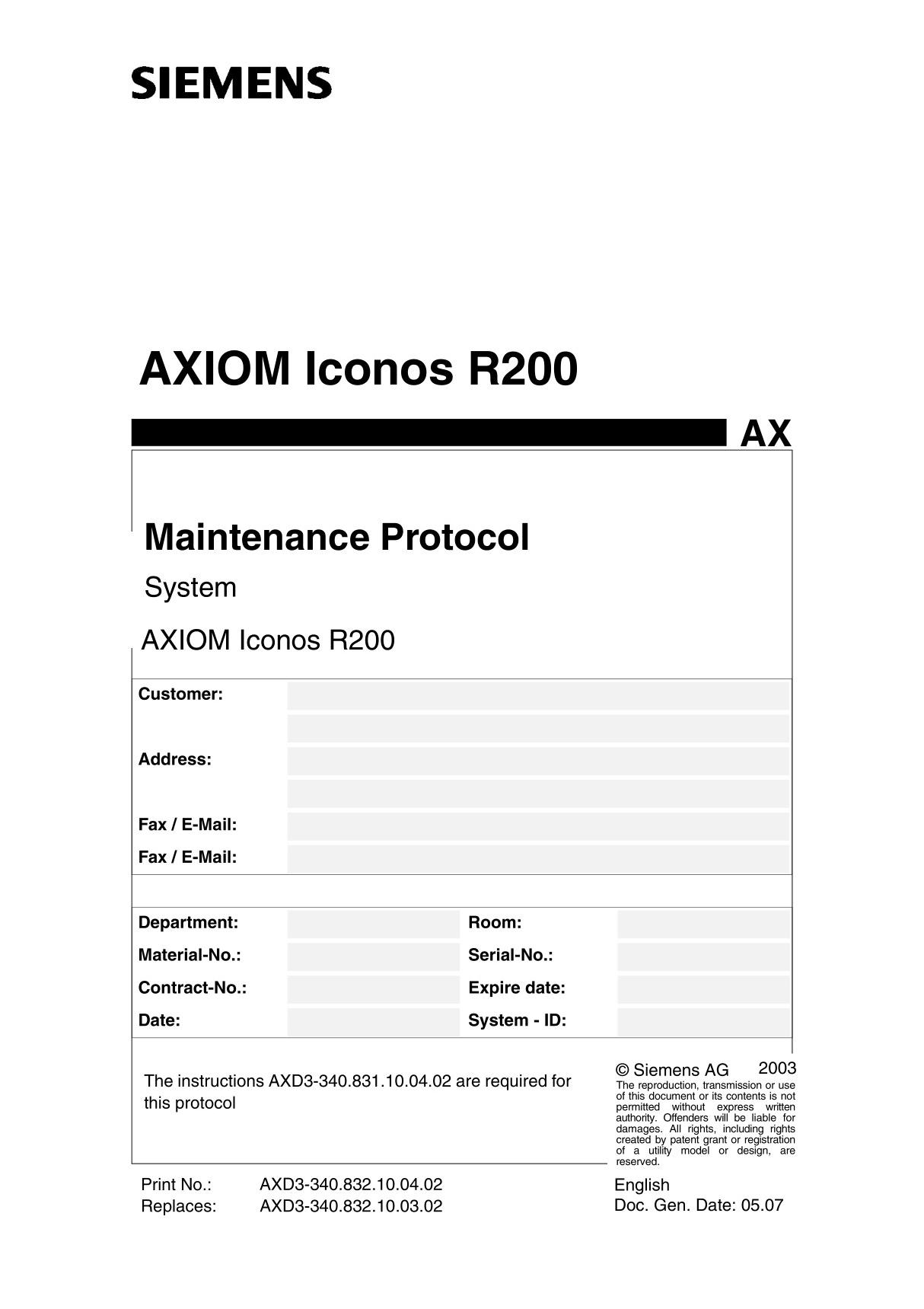 7.ICONOS R200 PM Protocol Siemens ICONOS R200 肠胃拍片机维修手册(英文)