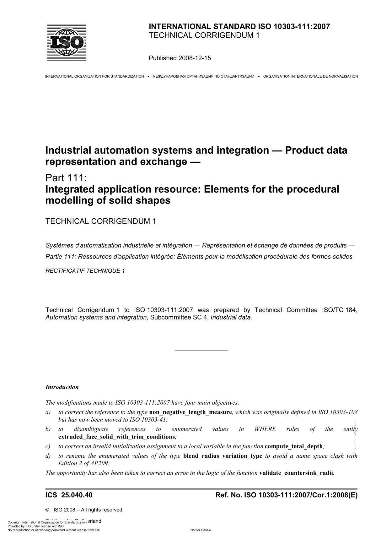 ISO 10303-111 Industrial automation systems and integration  Product data representation and exchange Technical Corrigendum