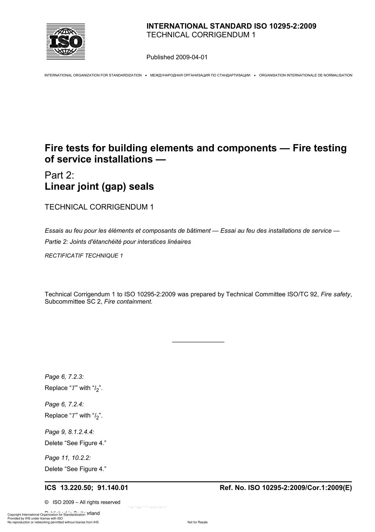 ISO 10295-2 Fire tests for building elements and components  Fire testing of service installations TECHNICAL CORRIGENDUM 1