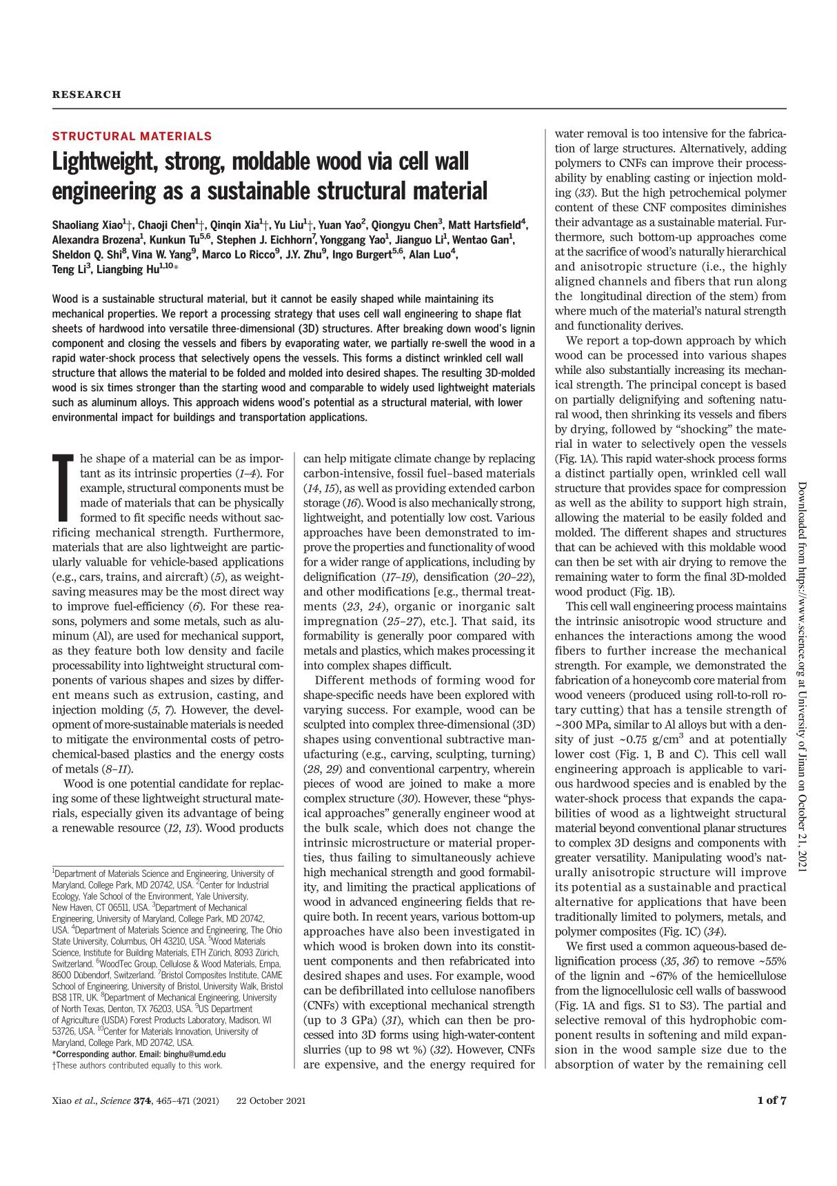 Lightweight, strong, moldable wood via cell wall engineering as a sustainable structural material