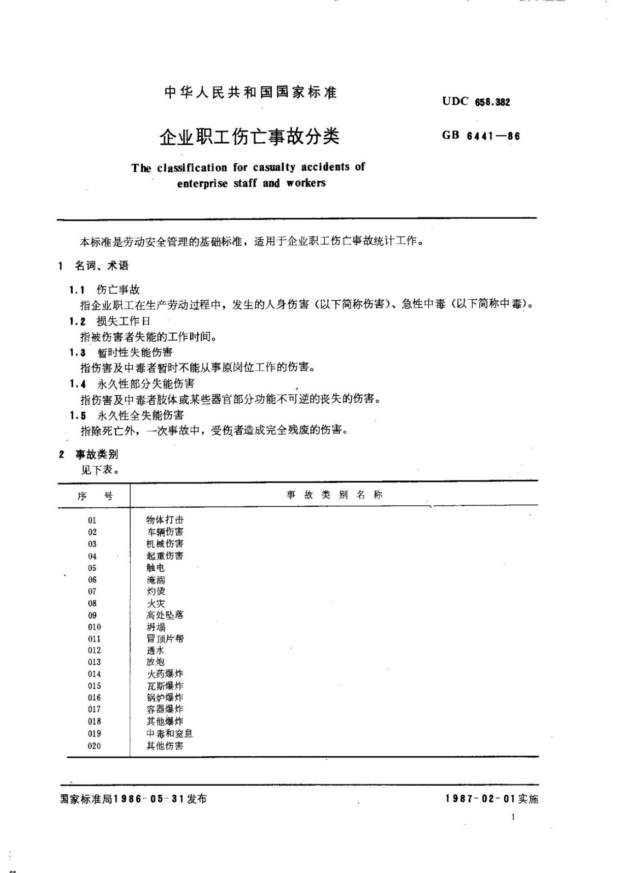 GBT 6441-1986企业职工伤亡事故分类国家标准全文电子版下载