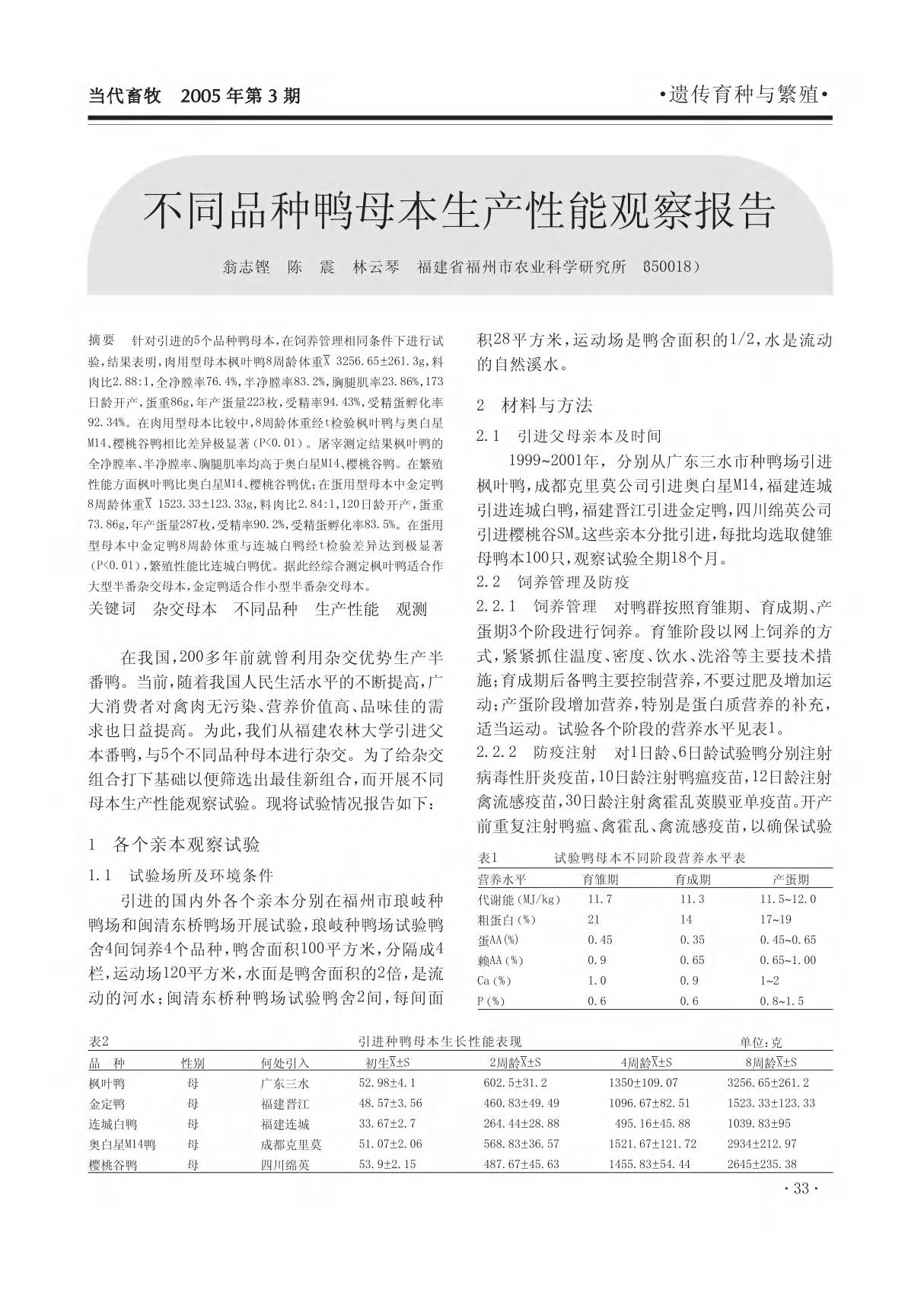 不同品种鸭母本生产性能观察报告