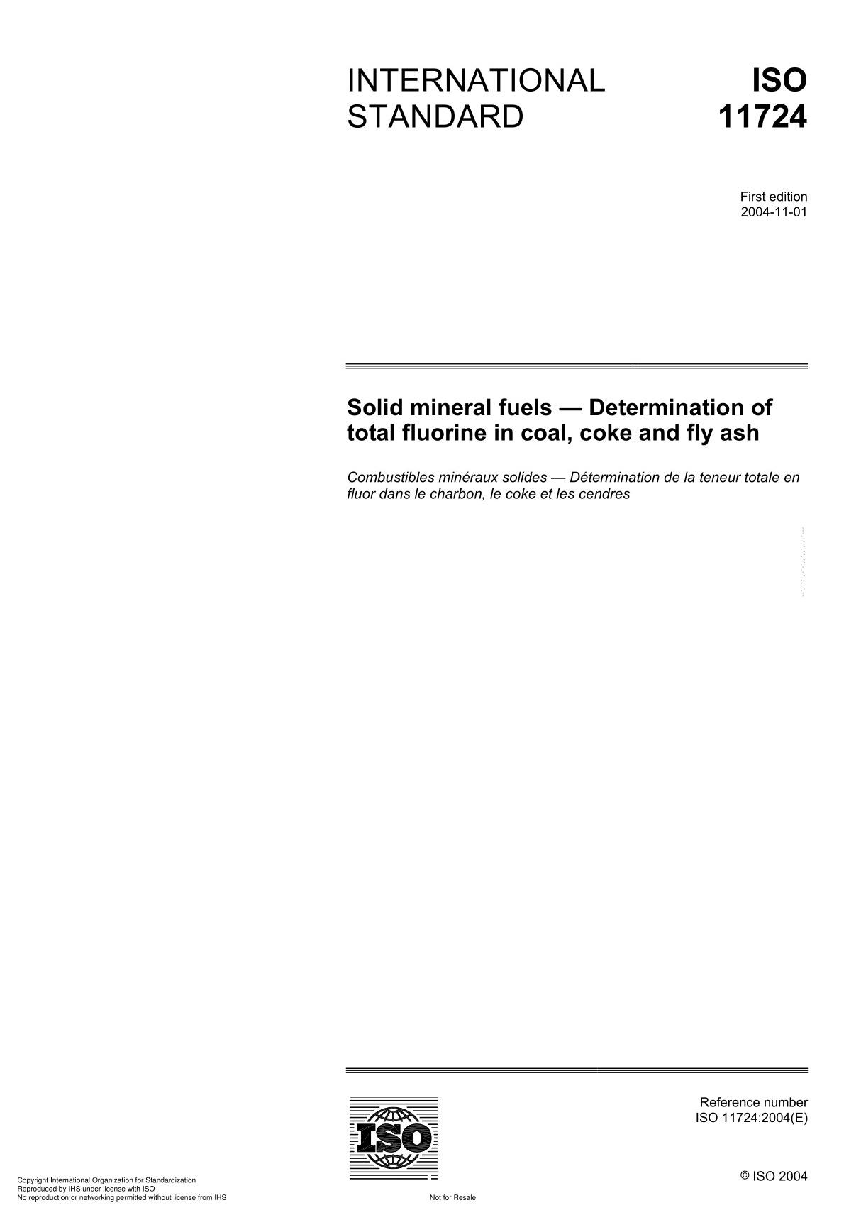 ISO 11724 Solid mineral fuels  Determination of total fluorine in coal, coke and fly ash