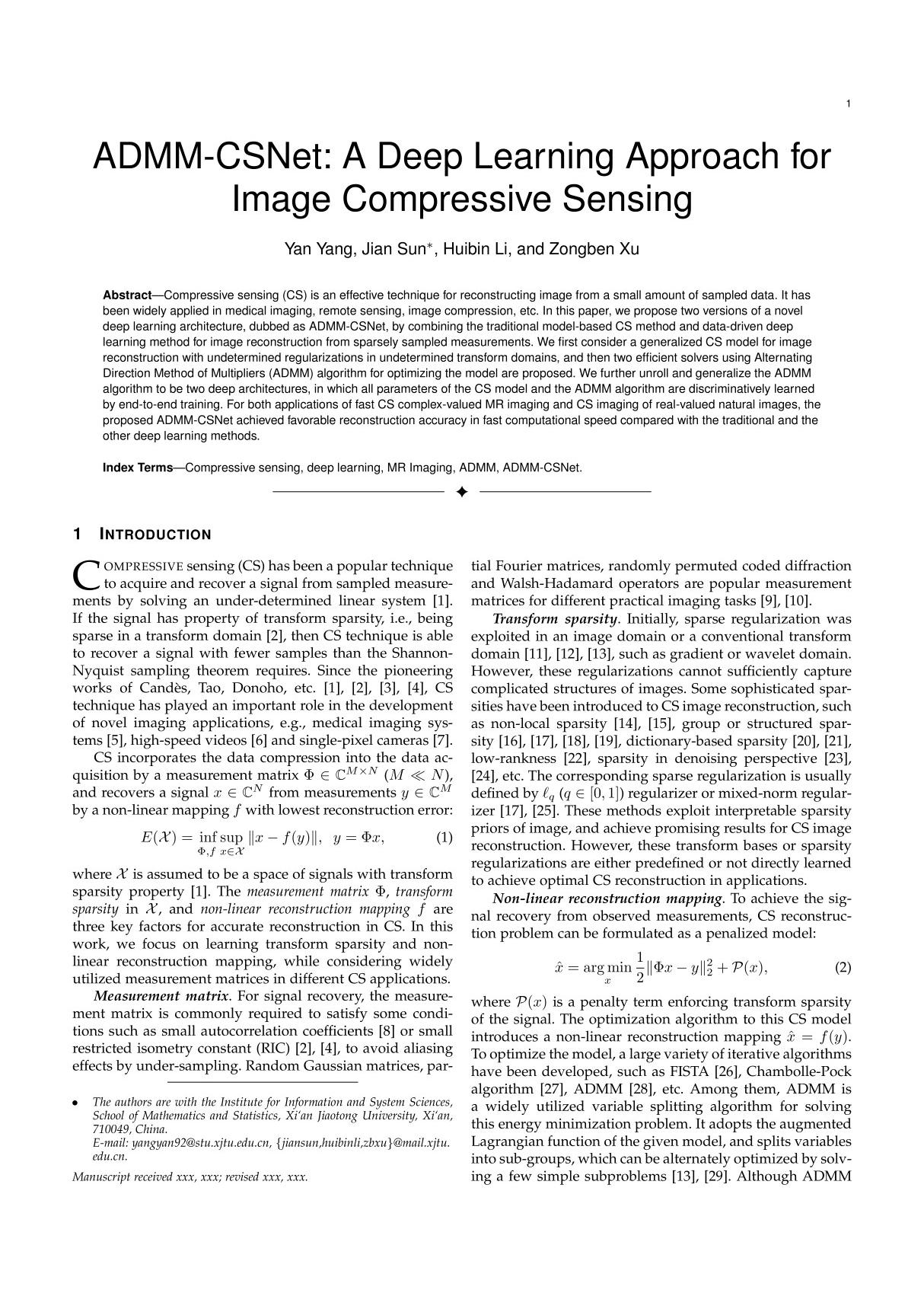 ADMM-CSNet  A Deep Learning Approach for Image Compressive Sensing