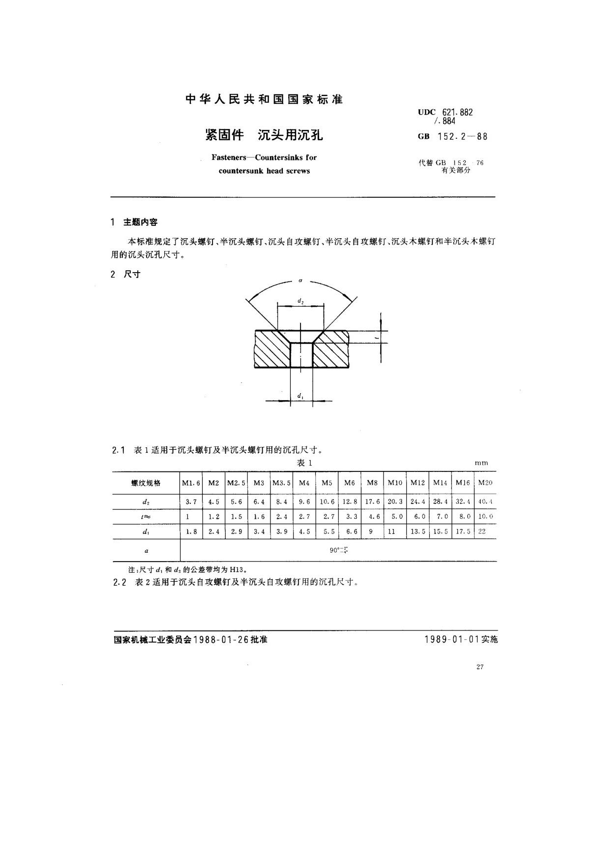 (国家标准) GB 152.2-1988 紧固件 沉头用沉孔 标准