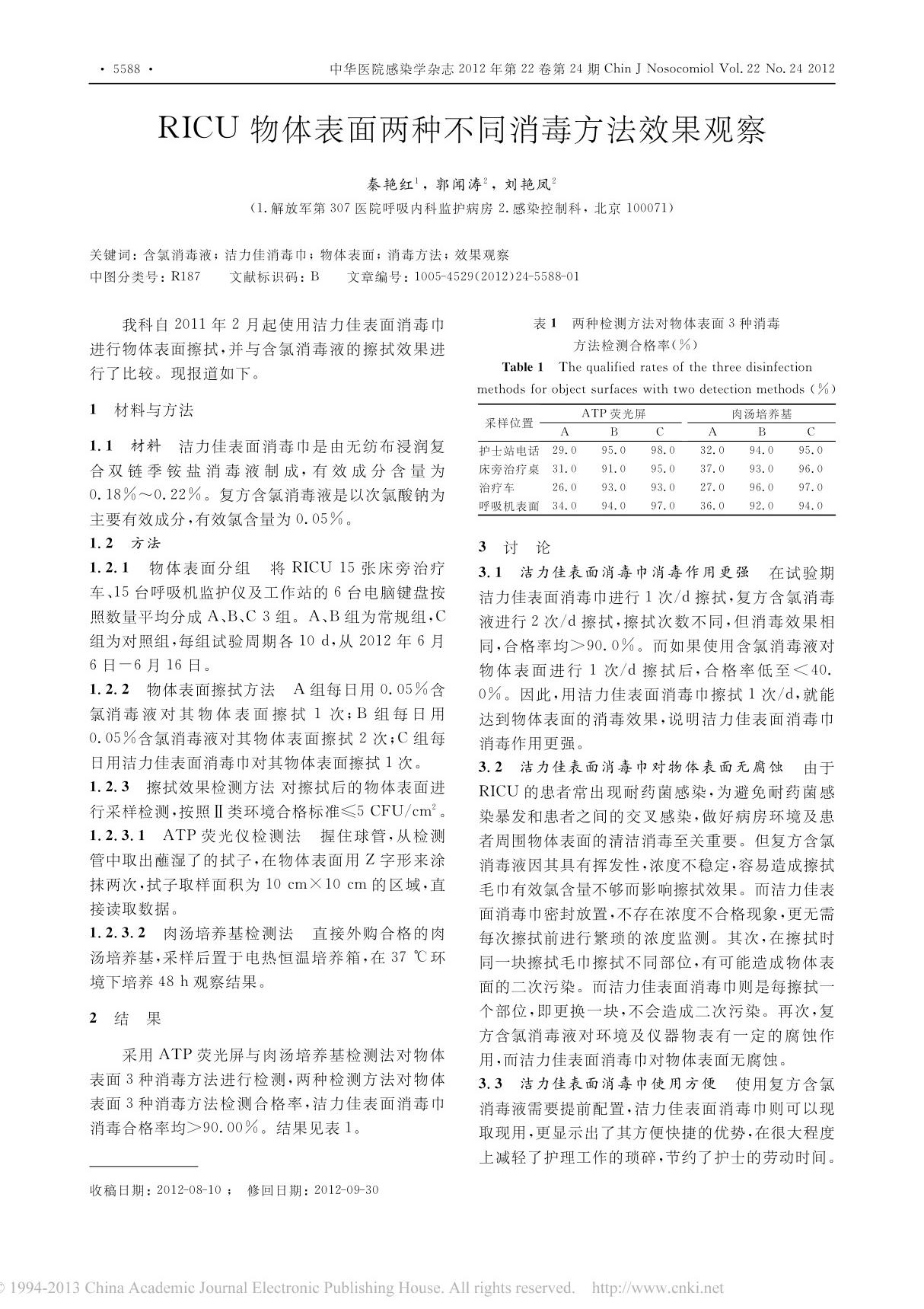 RICU物体表面两种不同消毒方法效果观察