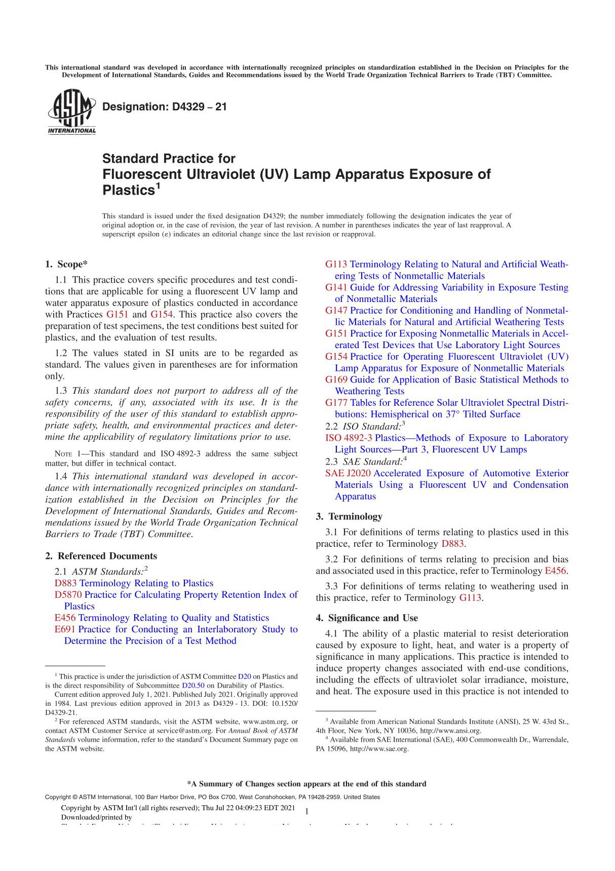 ASTM D4329-21 Standard Practice for Fluorescent Ultraviolet (UV) Lamp Apparatus Exposure of Plastics