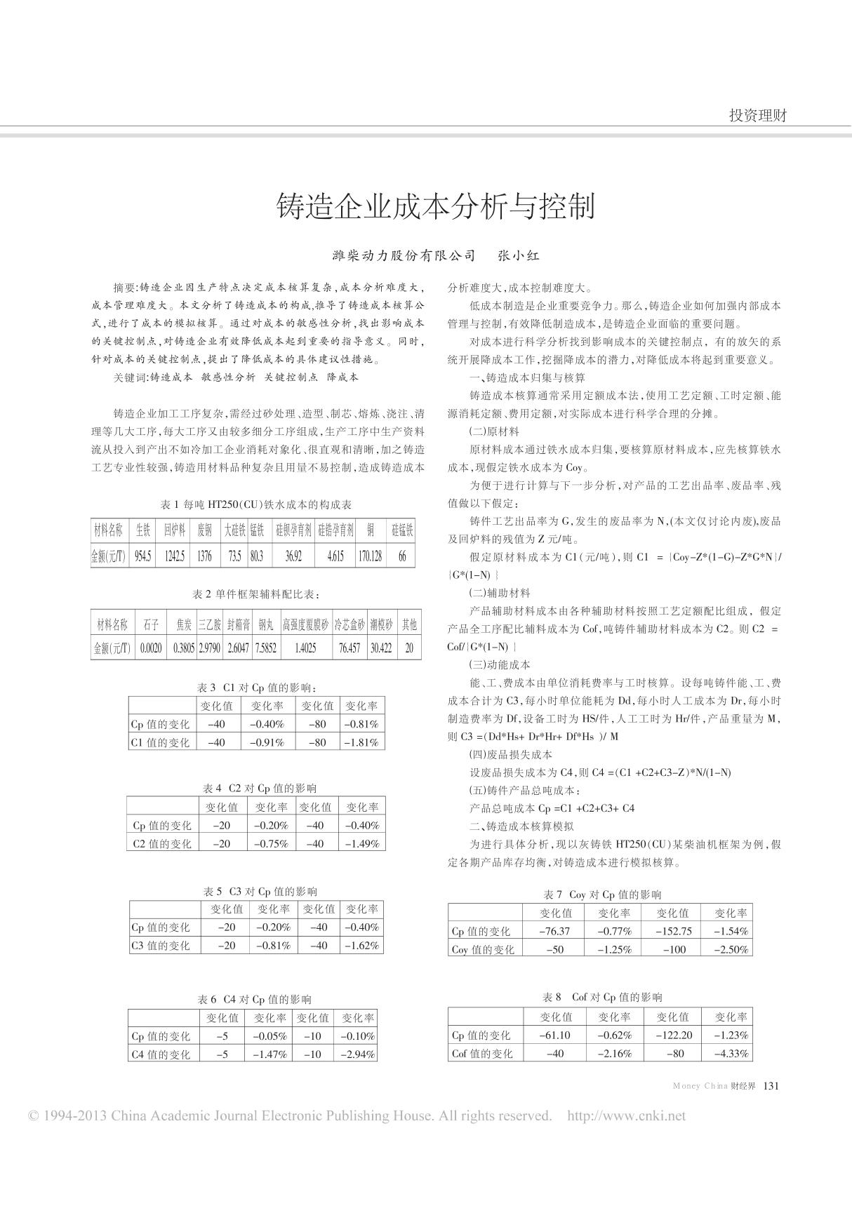 铸造企业成本分析与控制