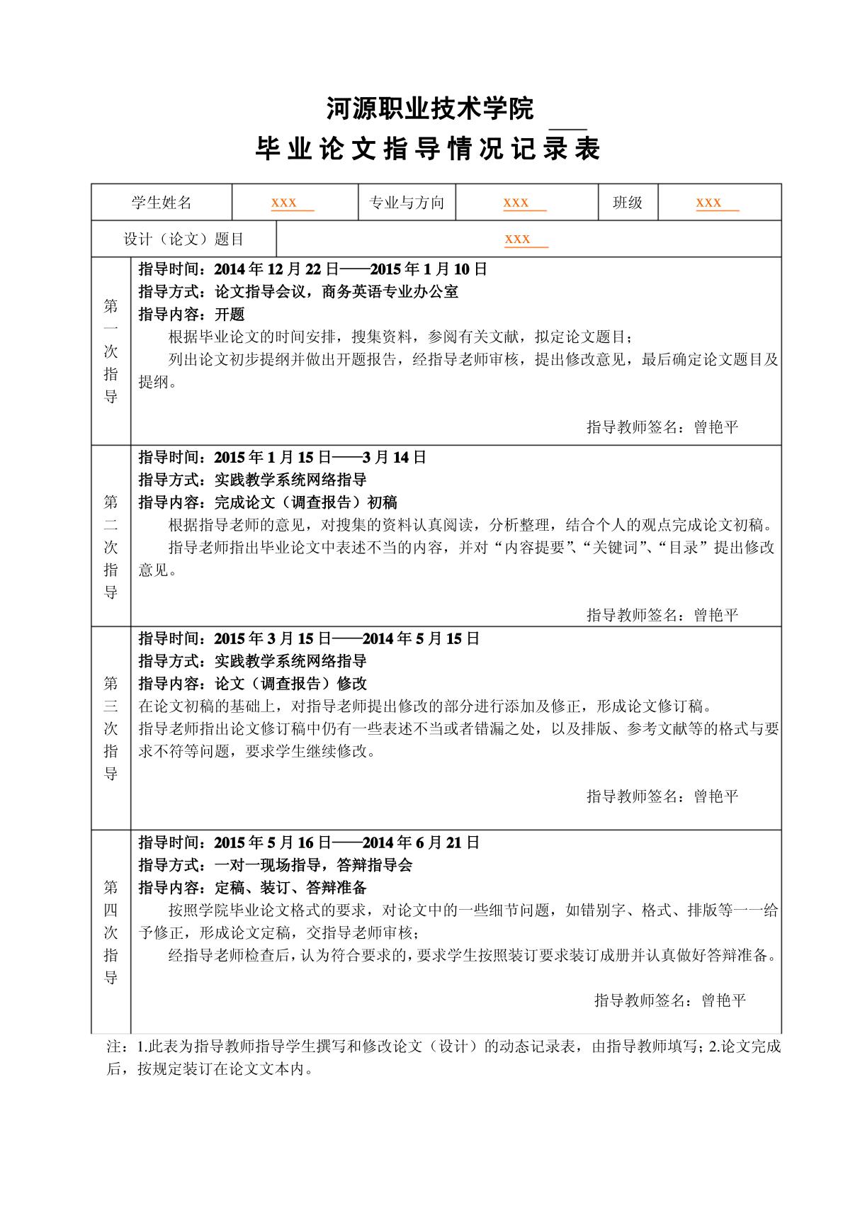 指导情况记录老师填写内容