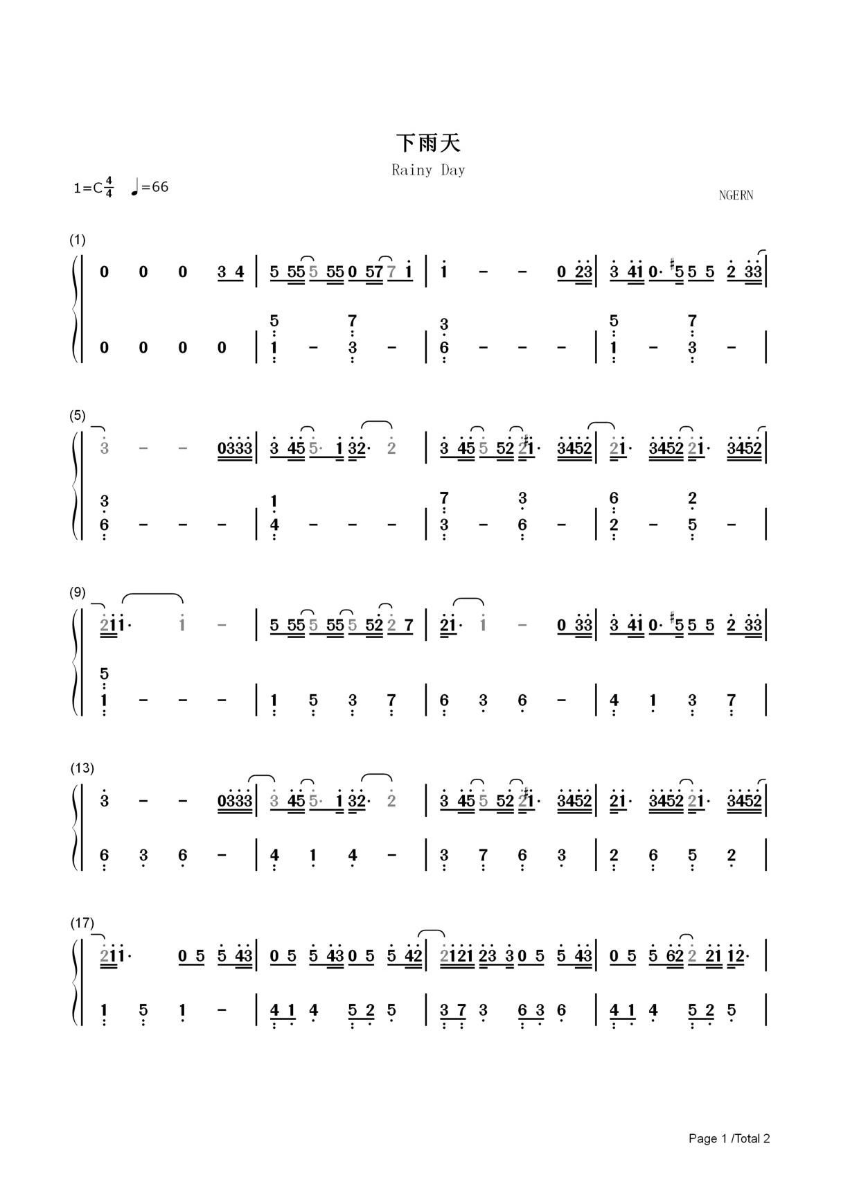 钢琴谱 下雨天-C调简单版 双手简谱 共2张(全)