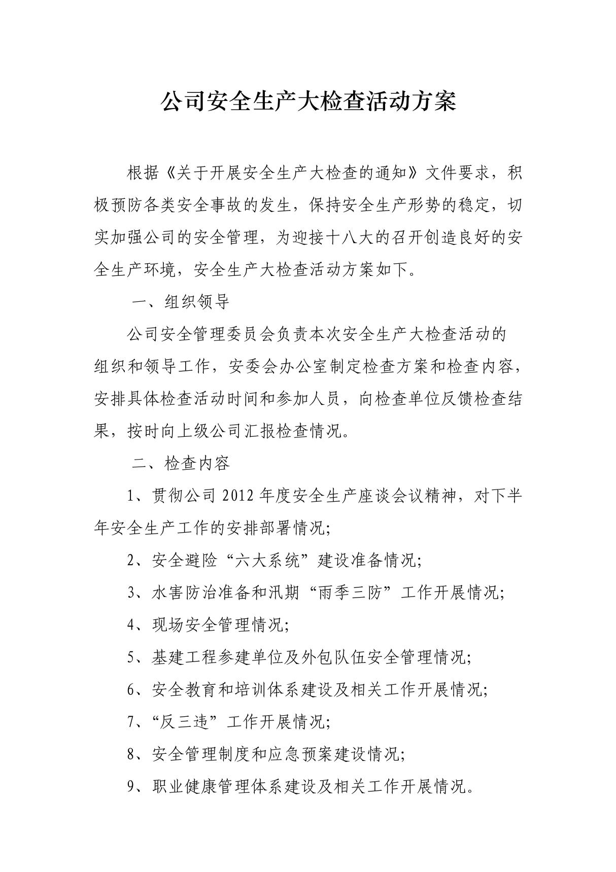 公司安全生产大检查方活动方案