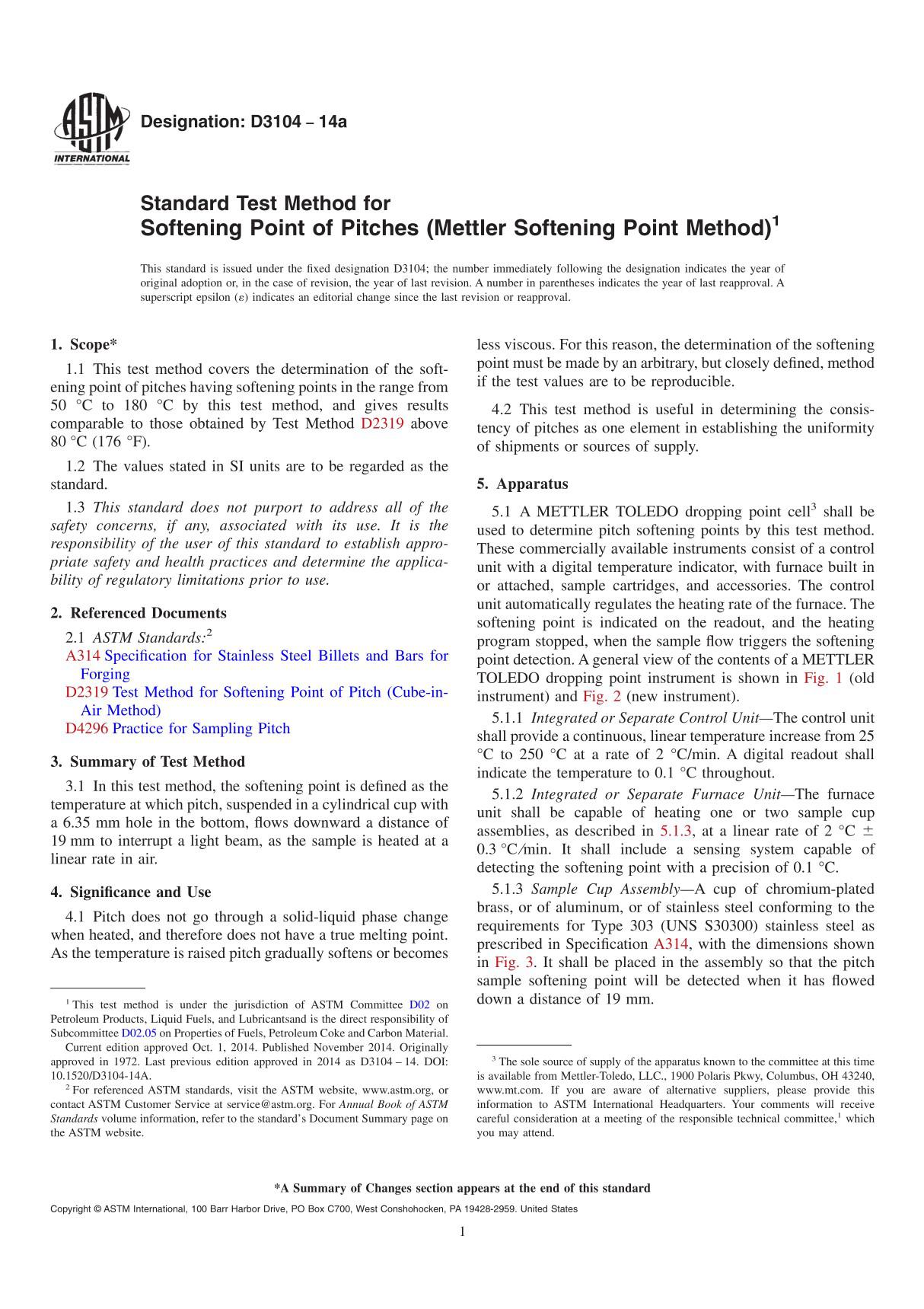 ASTM D3104-14a Standard Test Method for Softening Point of Pitches (Mettler Softening Point Method)