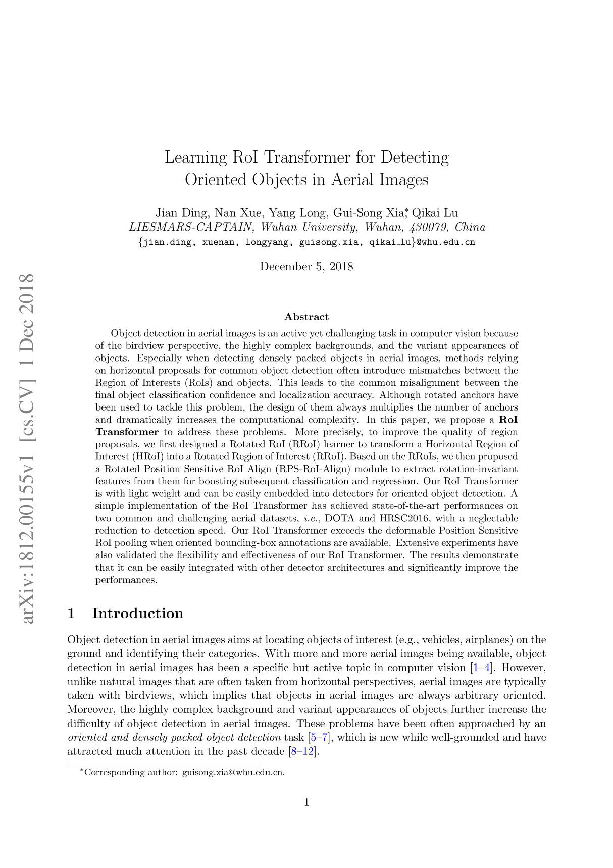 Learning RoI Transformer for Detecting Oriented Objects in Aerial Images