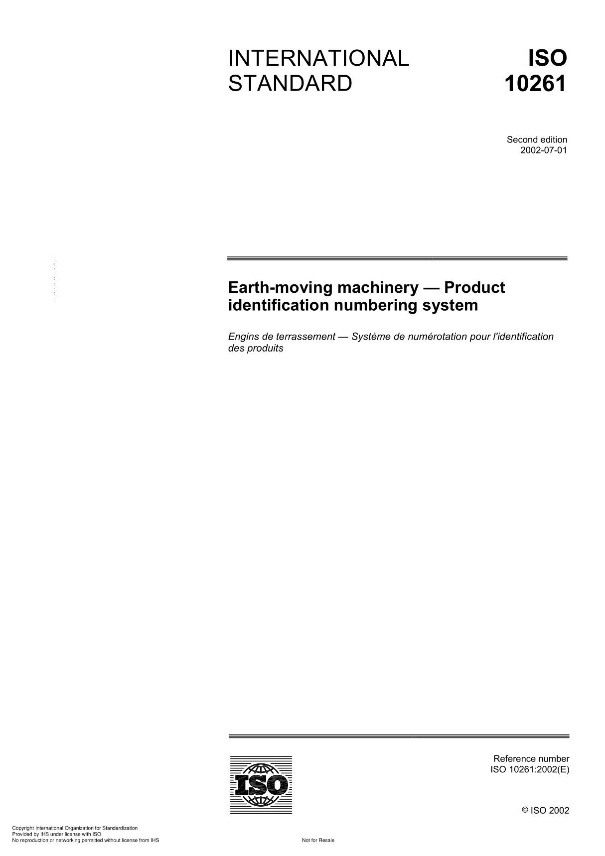 ISO 10261 Earth-moving machinery  Product identification numbering system