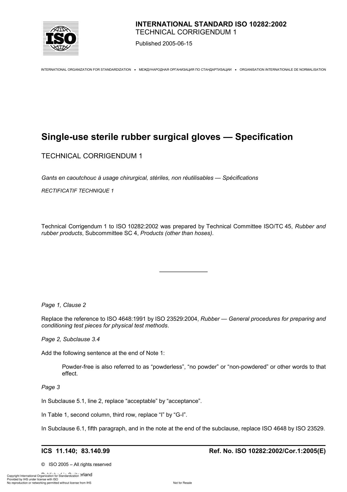 ISO 10282 2002 Single-use sterile rubber surgical gloves  Specification TECHNICAL CORRIGENDUM 1